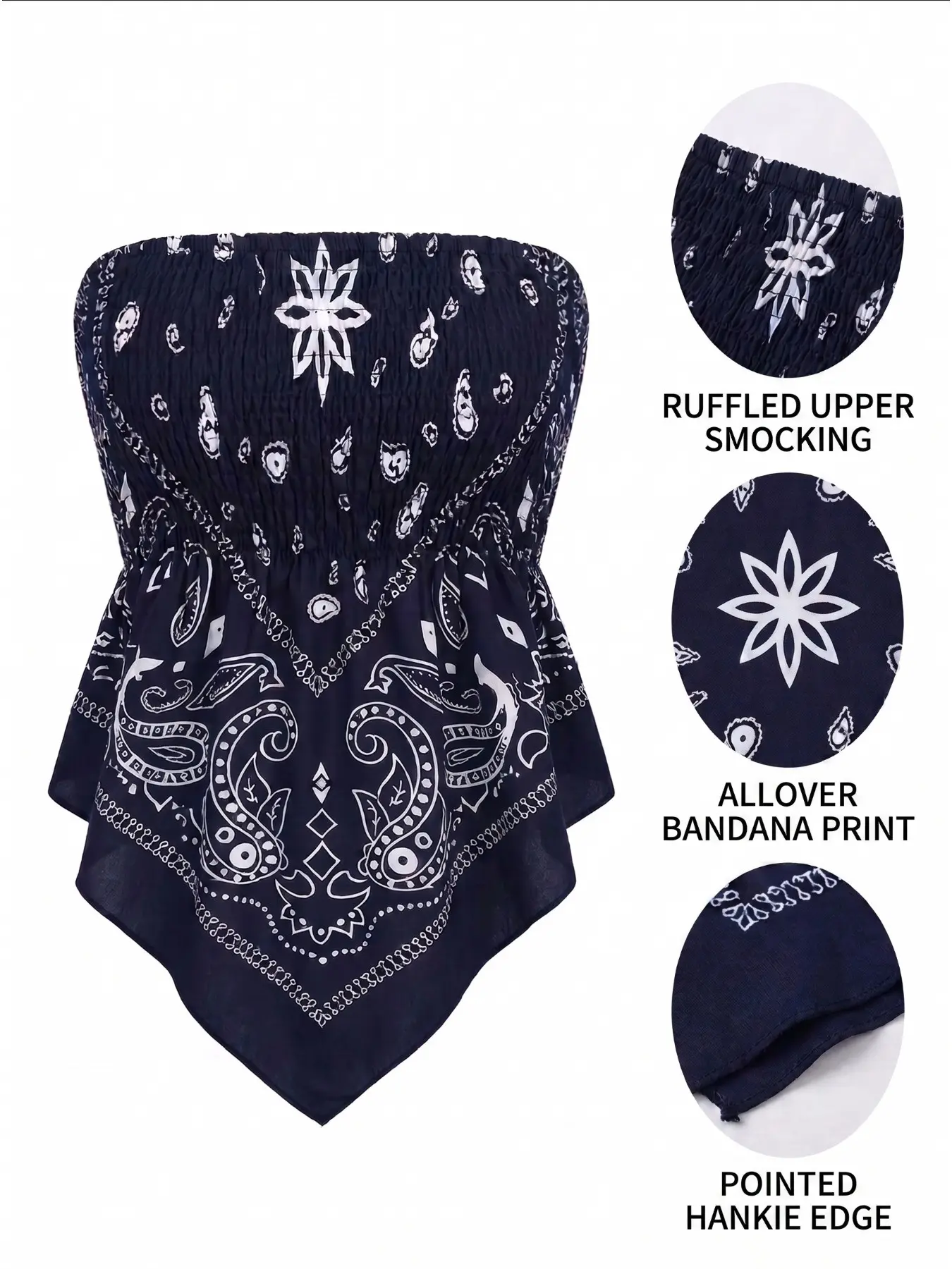 Women Bandana Print Strapless Crop Tube Top Smocked Bust Hanky Hem Sleeveless Western Casual Bandeau Top