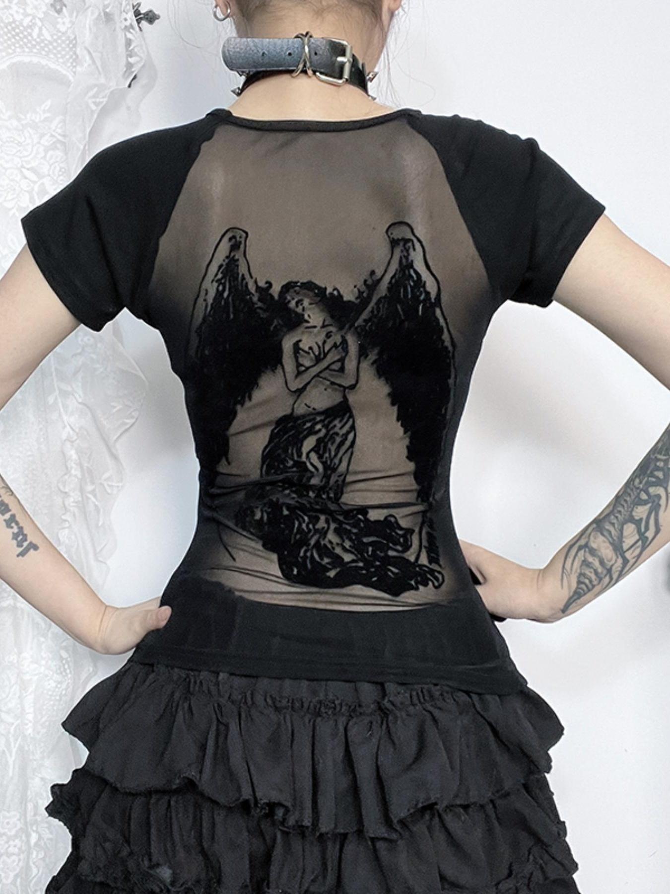 Women's Angel Print Contrast Mesh Sheer Round Neck Tee, Y2K Trendy Casual Raglan Sleeve T-shirt for Daily Wear, Ladies All Seasons Outfit