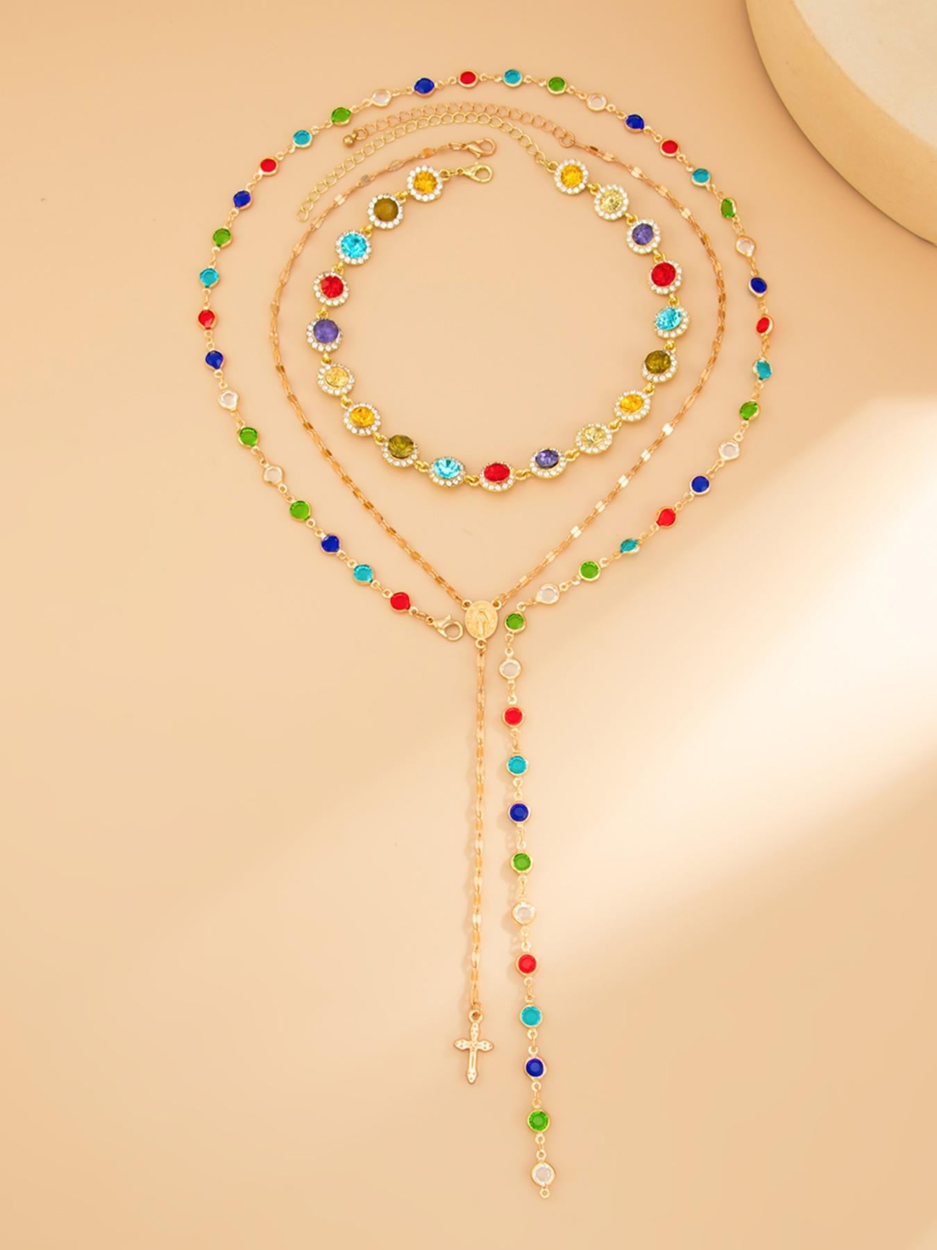 Women's Boho Style Alloy Chain Necklace Set, Boho Chic Crystal, Colorful Crystal Pendant Jewelry for Women, Casual Daily Wear & Holiday Gift Ideas