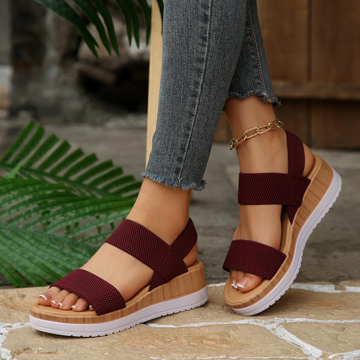 Minimalist Stretchy Strap Slingback Wedge Sandals, Layer Platform Everyday Summer Footwear for Women, Strappy Wedge Sandals