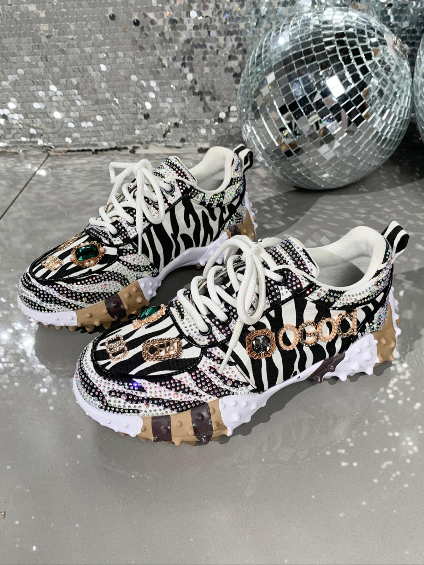 Women's Thick Sole Sport Shoes with Rhinestone Details, Fashion Casual Sneakers, Trendy Zebra Color Block Design, Daily Wear, Thick Soled Sneakers, Trendy Walking Sneaker