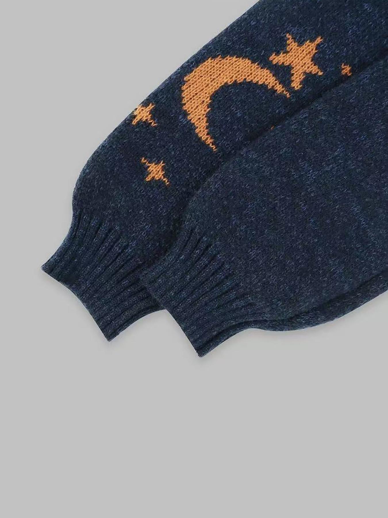 Women's Moon & Star Pattern Knit Sweater, Fall Winter Casual Fashion Long Sleeve Pullover, High-Quality Elegant Leisure Wear, Knitwear