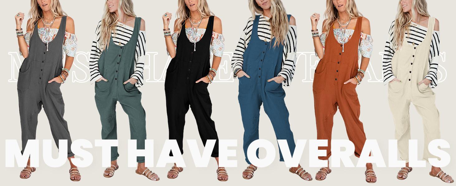 YeeZaa Women's Overalls Linen Cotton Jumpsuit Loose Casual Pullover with Pockets