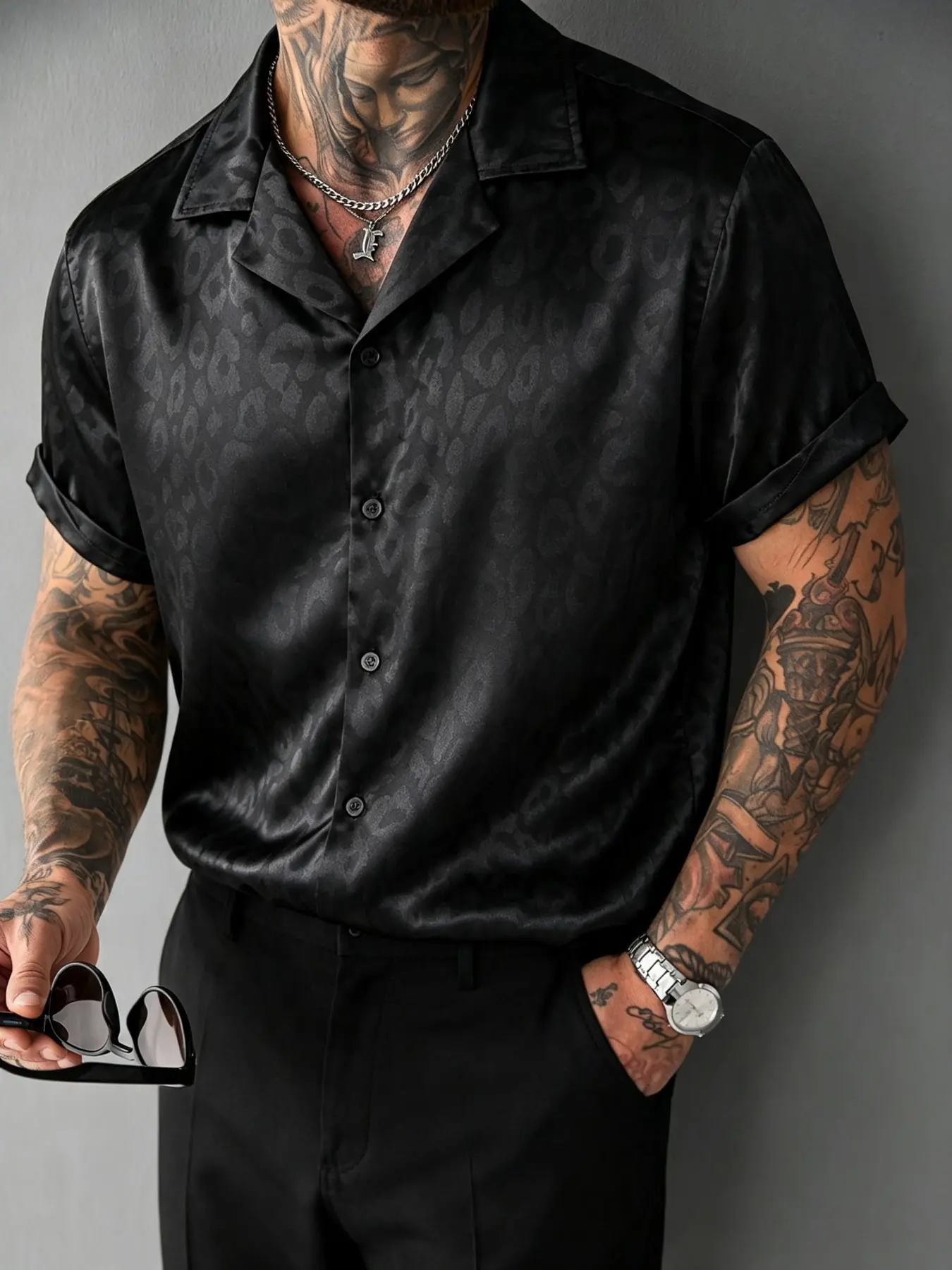 Men's Leopard Print Cuban Collar Hawaiian Shirt, Short Sleeve Button Down, Casual Summer Beach Party Tops for Men, Animal Print Shirt, Casual Summer Clothing