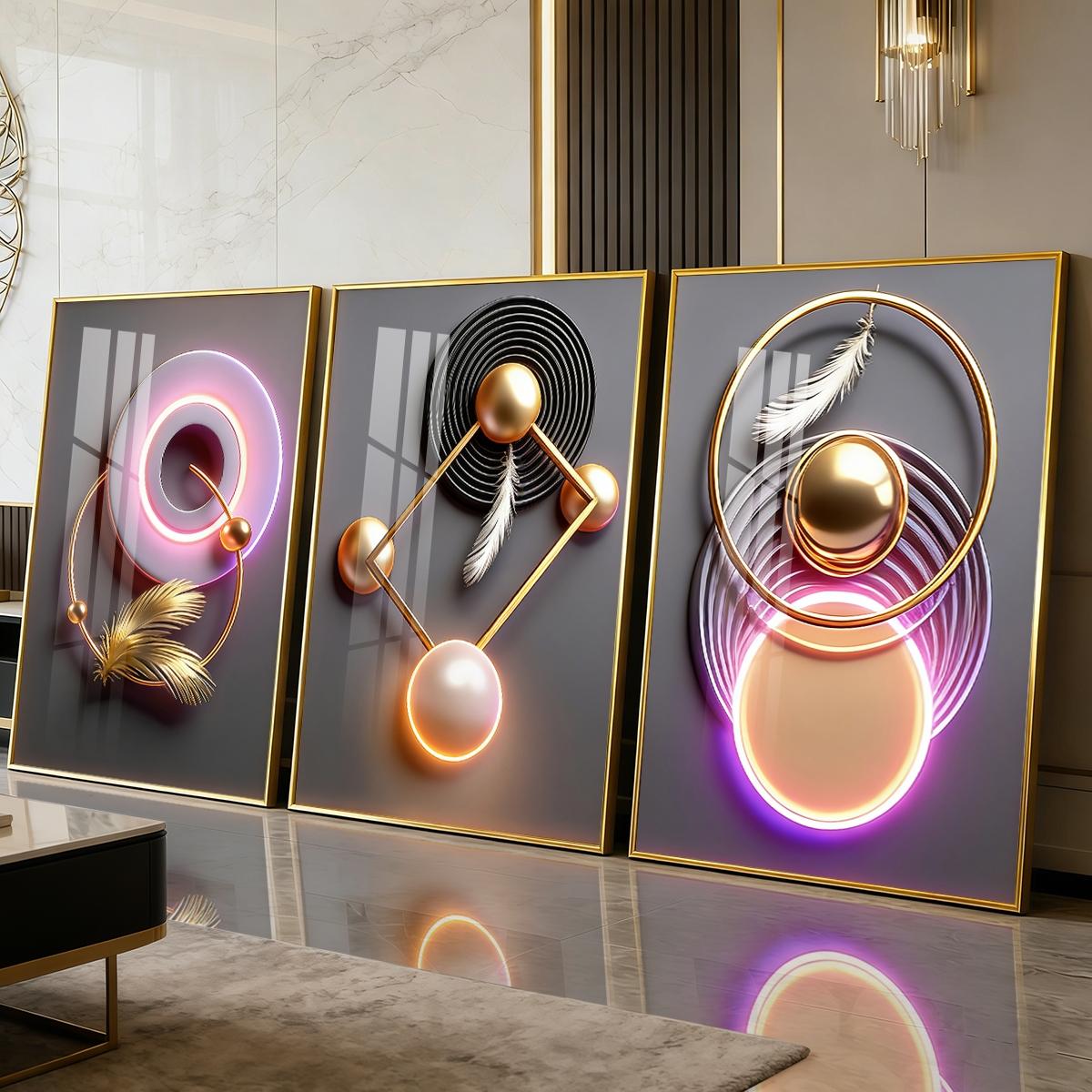 3 Counts Aluminum Alloy Framed Painting, Modern Geometric Feather Art Pictures, Home Decoration For Living Room, Bedroom, Office, Restaurant, Hallway Wall Decor, Odorless Print Artwork, Luxury Perfect Gift For Friends And Family