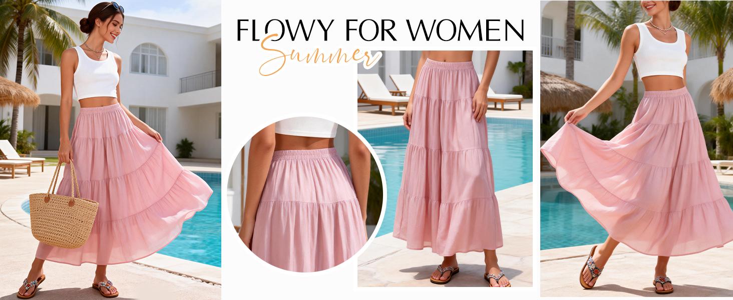Flowy Maxi Skirts for Women Summer Tiered Boho A Line Skirt Pleated High Elastic Waisted Flared Ruffle Long Skirts