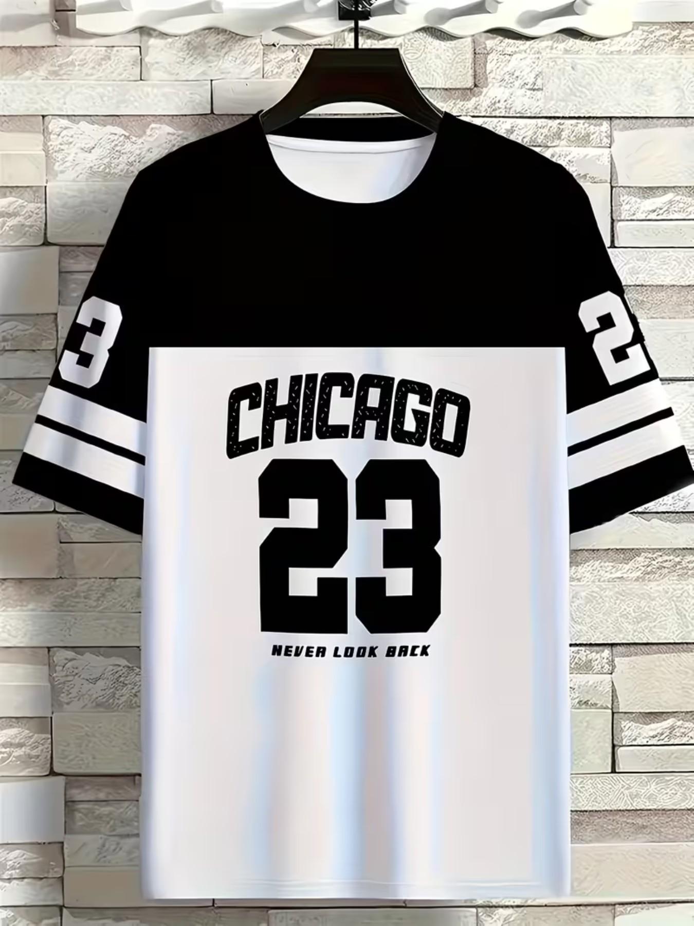Chicago 23 Print Men's Casual Round Neck T-Shirt, Polyester Knit Fabric, Slight Stretch, Regular Fit, Summer Short Sleeve, Daily and Weekend Wear