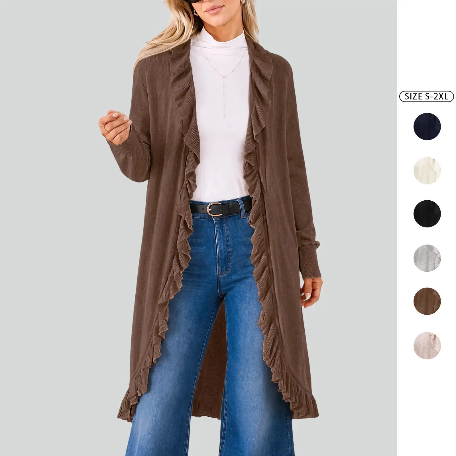 Imily Bela Women Ruffle Trim Long Open Front Duster Sweater Long Sleeve Casual Lightweight Layering Outerwear