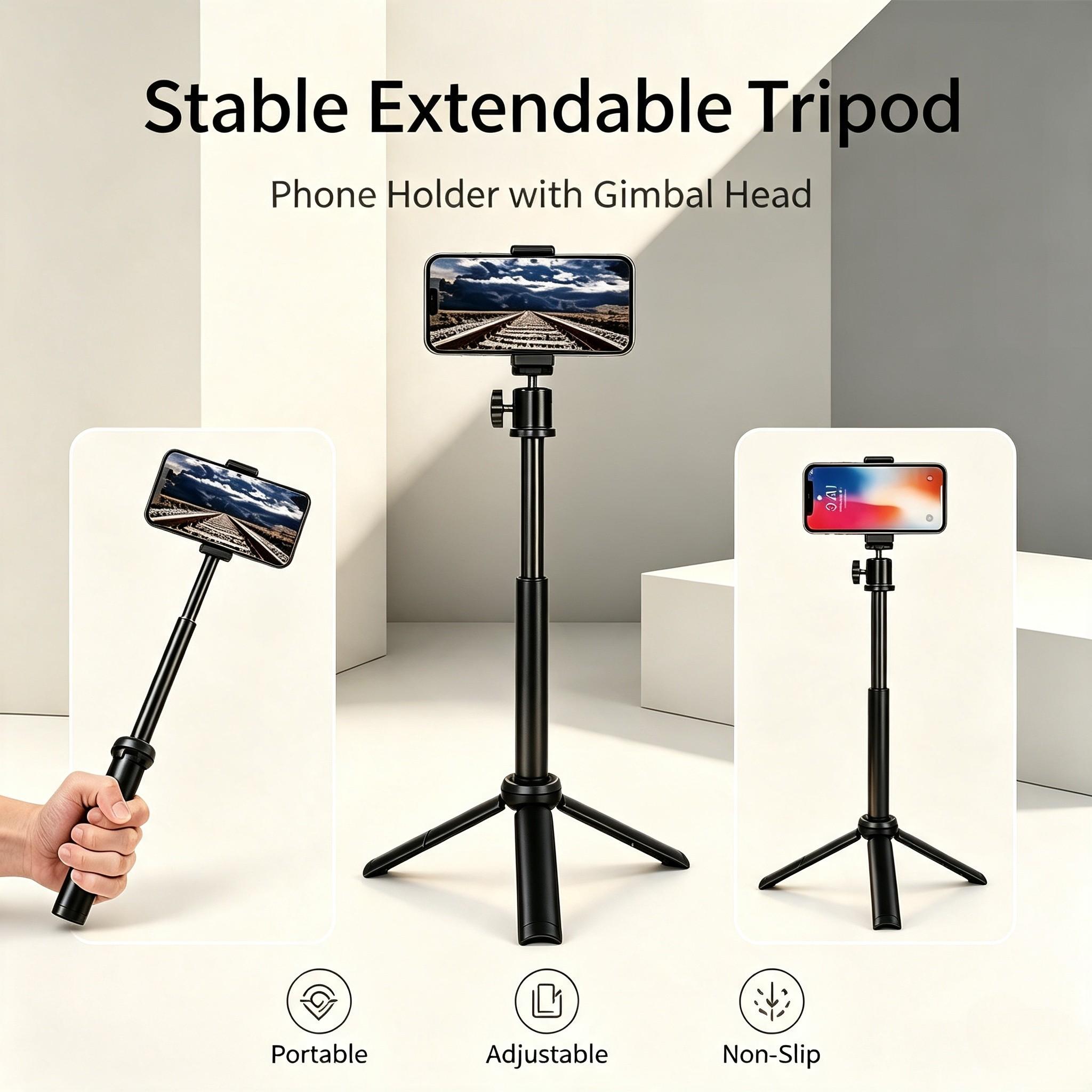 Two-In-One Extendable Selfie Stick Tripod, Portable Compact Phone Stand, Adjustable Height, Stable Base, Outdoor Travel, Vlogging, Live Streaming