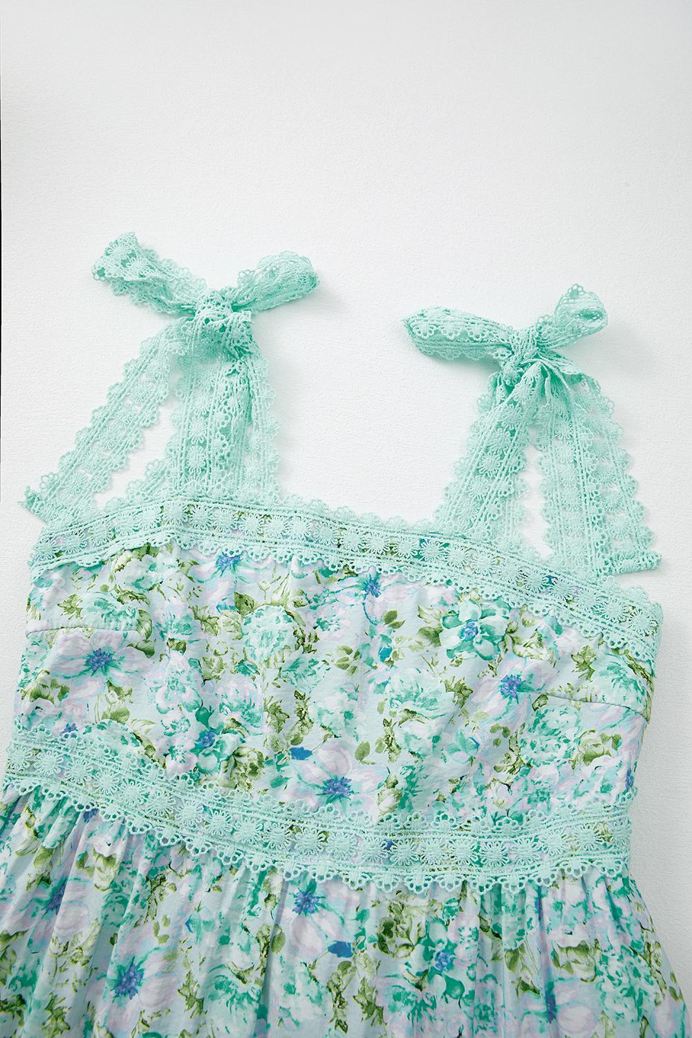 Women's Pink/Green Floral Lace Tied Strap Empire Waist Maxi Dress