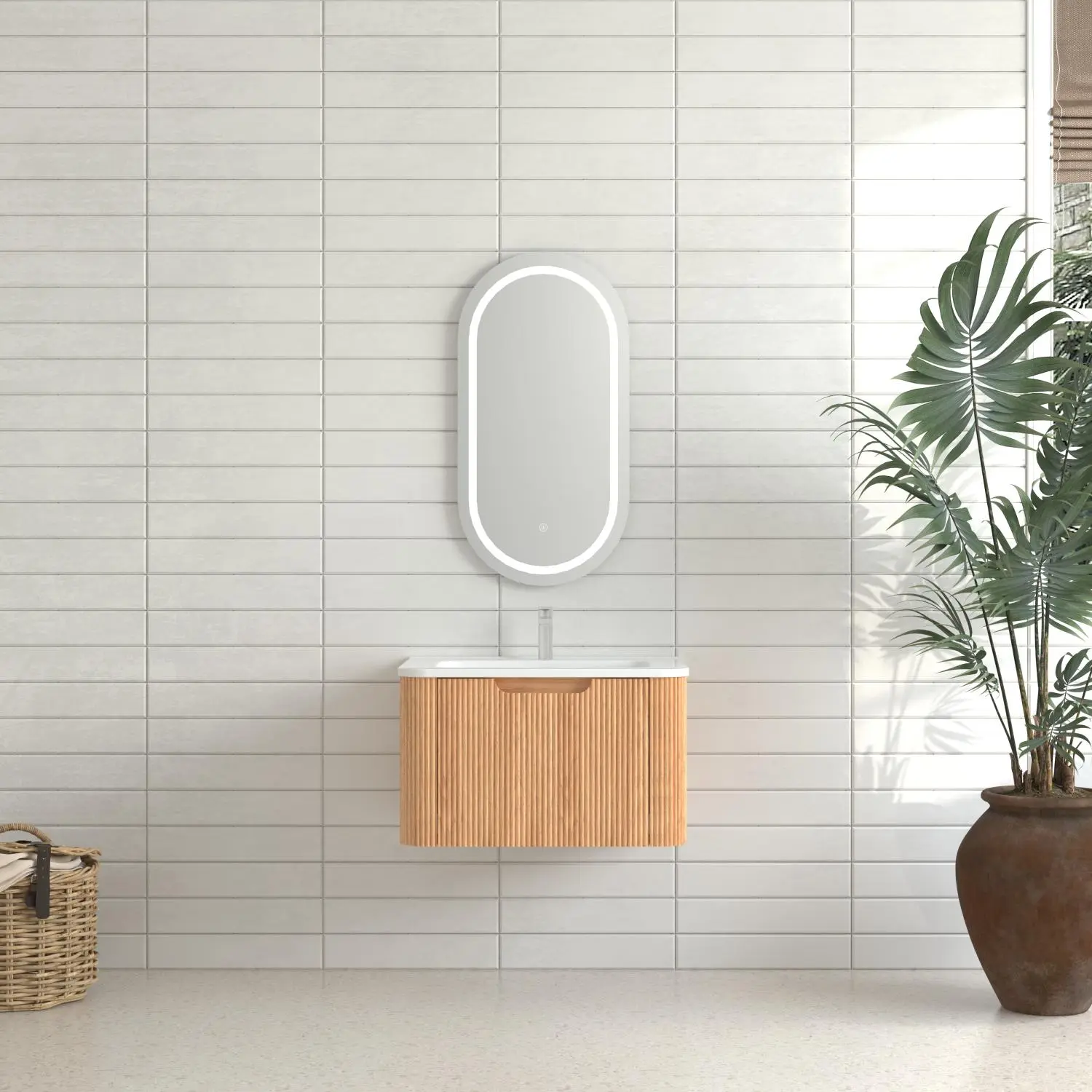 24-Inch Wall-Mounted Floating Bathroom Vanity with White Ceramic Basin, Natural Walnut Finish, Curved Edge Storage Cabinet, Soft-Close Drawer, Pre-Assembled for Compact Bathrooms