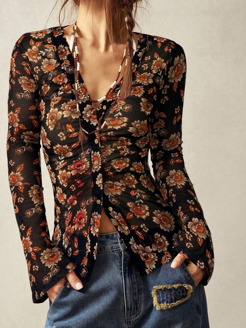 Women's Floral Print Slim Fit Vintage Shirt, Casual Vacation Wear, Valentine's Day Versatile Mesh Top, Spring & Fall Fashion