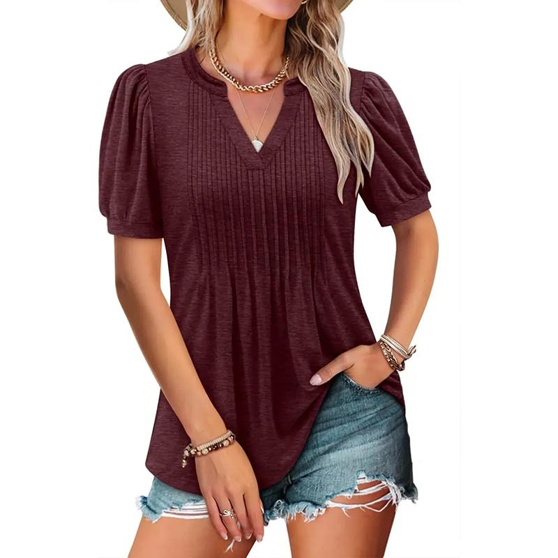 MIDIROSS Women's V-neck Loose Pleated Short-sleeved Waist Top Casual Basic Fitted Blouses with Puff Sleeves and Curved Hem