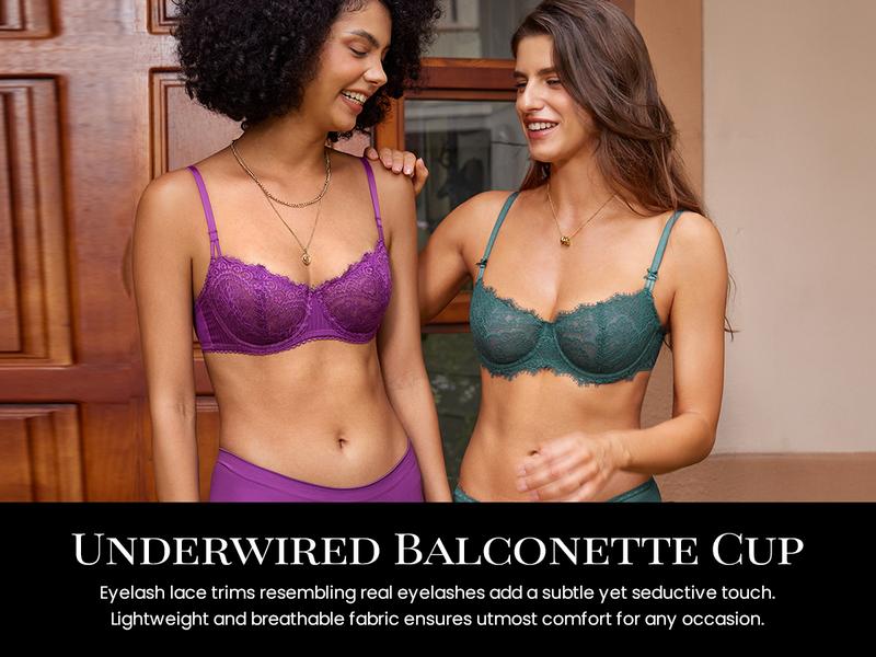 DOBREVA Women's Balconette Sexy Unlined Bra Lace Push Up Plus Size Bras See Through Underwire