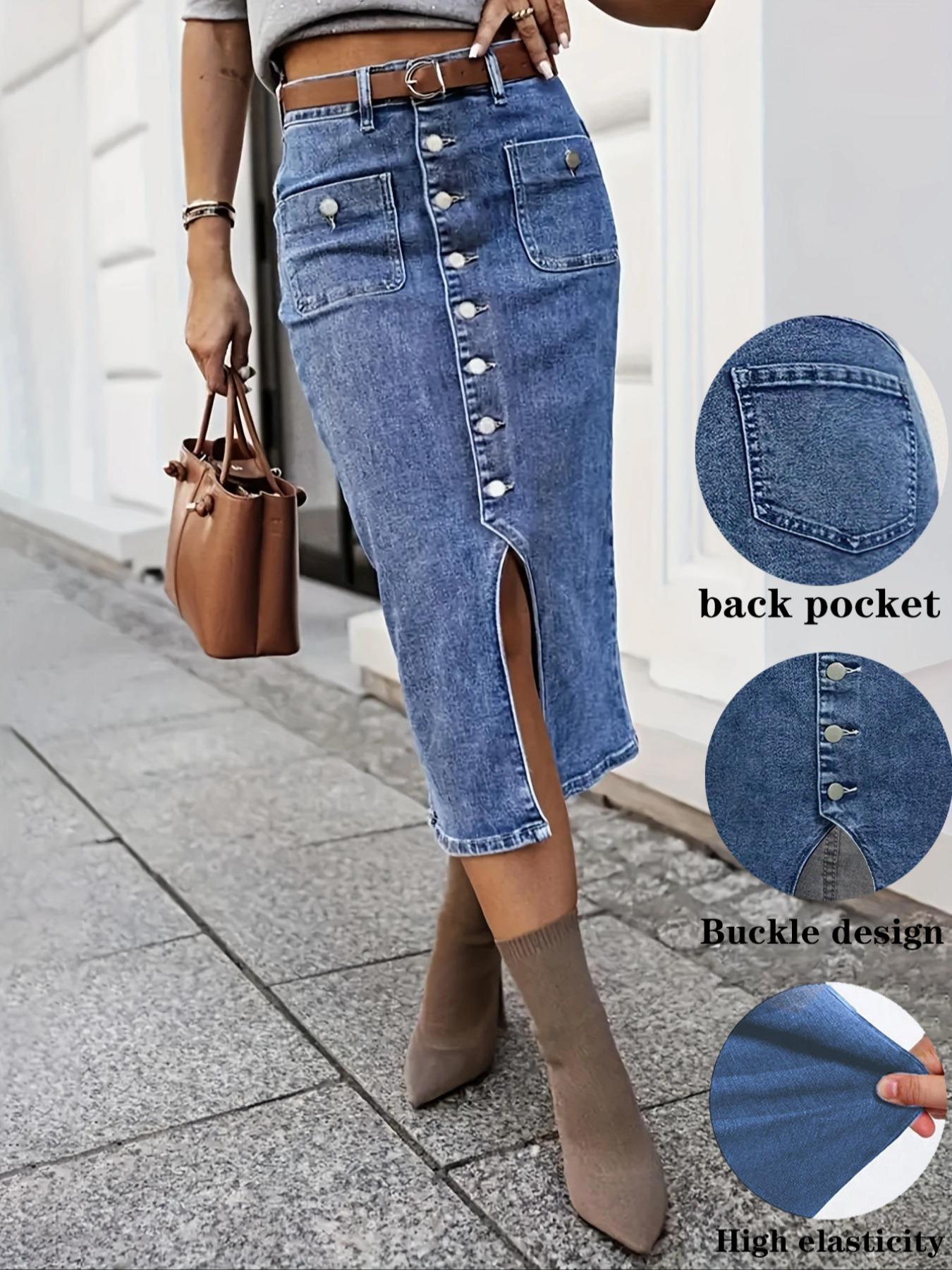 Women's High Elastic Dark Wash Denim Half Skirt with Button Closure, Stylish Casual Wear, Perfect for Daily, Comfortable and Trendy