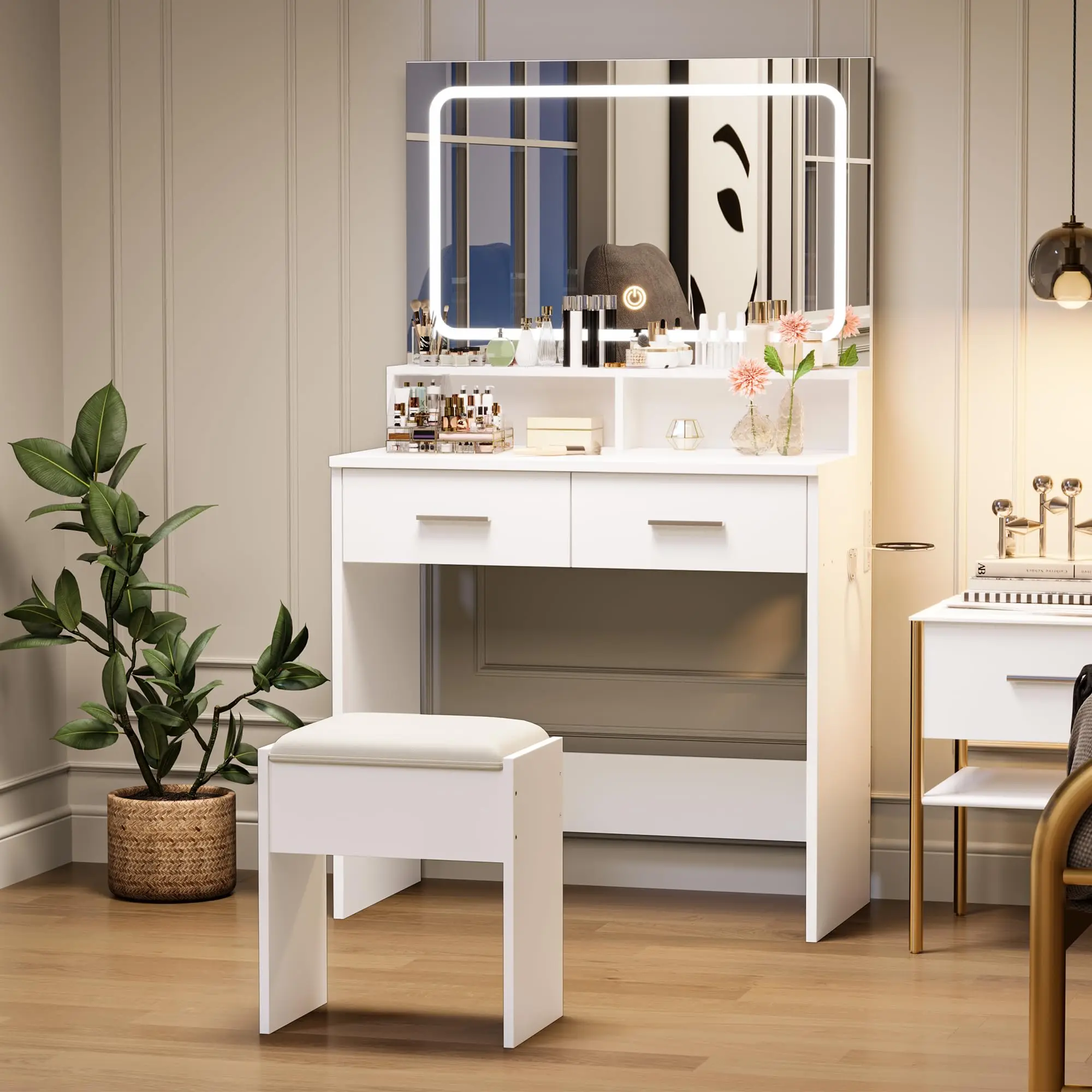 Adjustable LED Mirror Changing Table with 3 Color Settings, Compact Makeup Computer with Power Outlet, 2 Drawers, Modern Changing Station and Padded Stool for Bedroom (32 x 16)