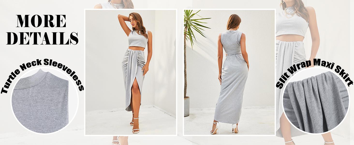 ZAFUL Women's Casual Sleeveless Summer Two Piece Outfits Crop Top & Side Split Draped Ruched Maxi Skirt Set Solid Suiting Minimalist Black Basic Clothes Womenswear Short