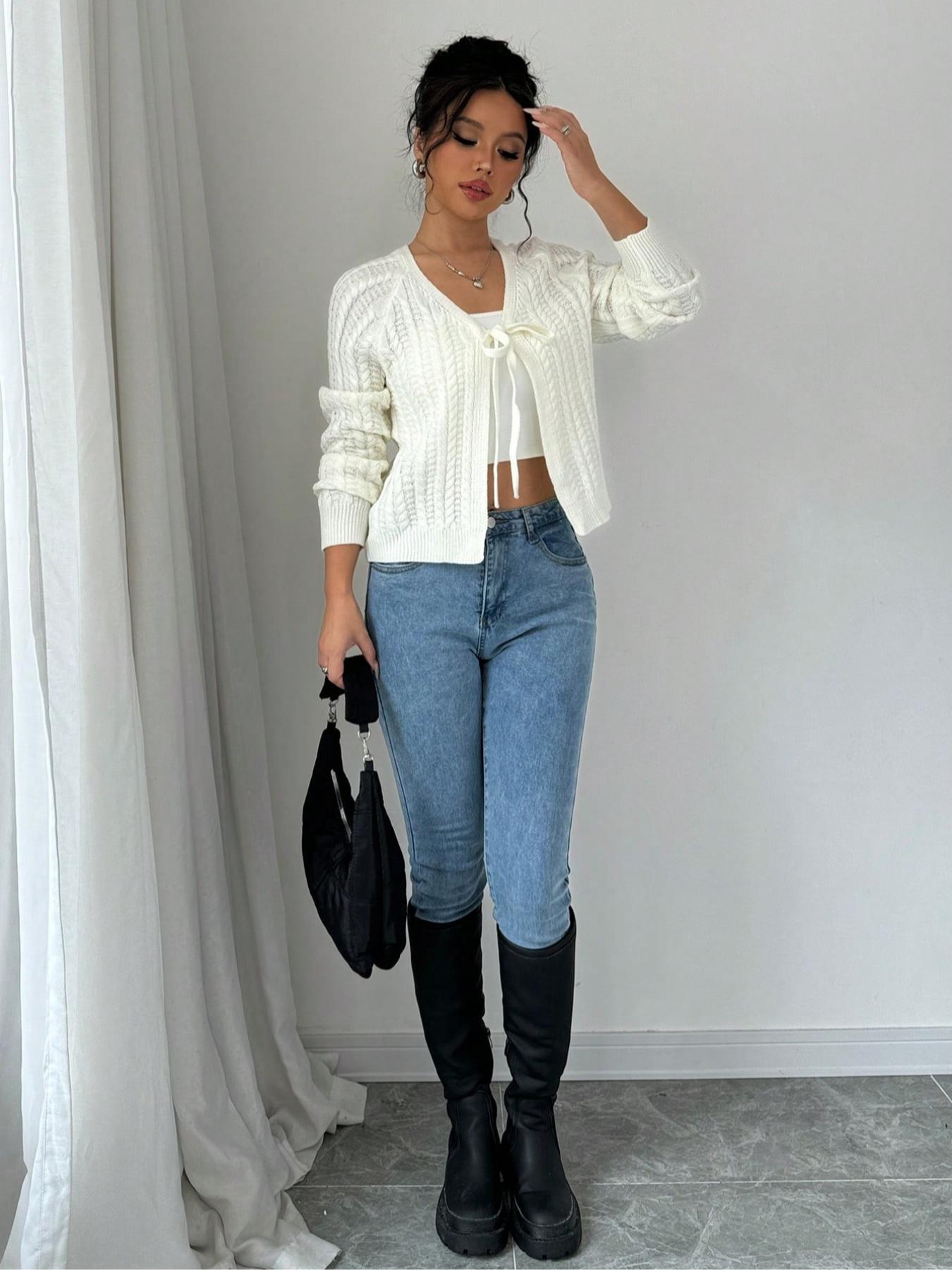 Women's Solid Tie Front Raglan Sleeve Sweater Cardigan, Casual Long Sleeve Cardigan for Spring & Fall, Fashion Women's Knitwear for Daily Wear