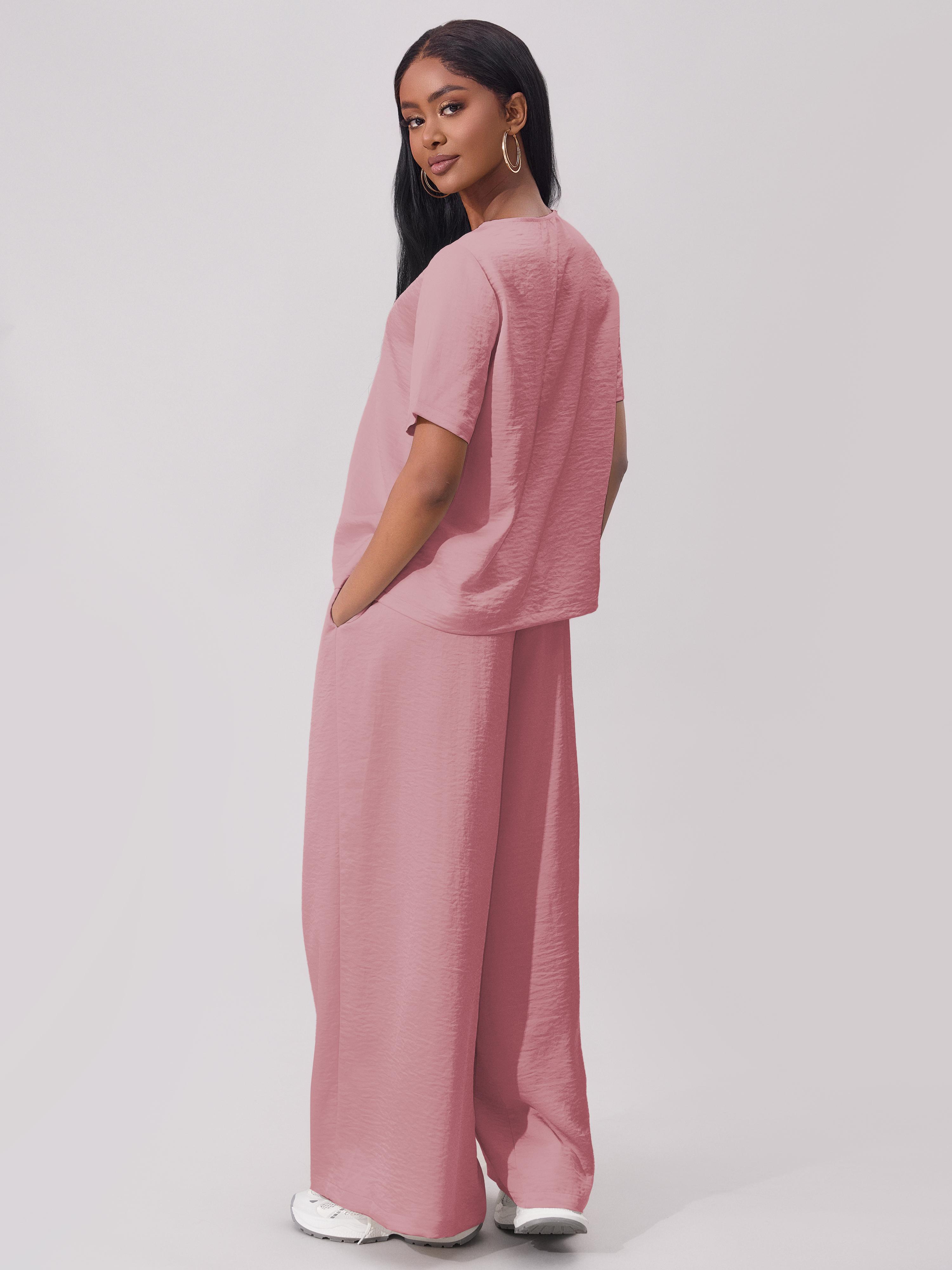 Joyfunear Women's round Neck 2 Piece Set Wide Leg Pants Set Short Sleeve satin Pullover Tops Wide Leg matching set Joyfunear Women's round Neck 2 Piece Set Wide Leg Pants Set Short Sleeve satin Pullover Tops Wide Leg matching set