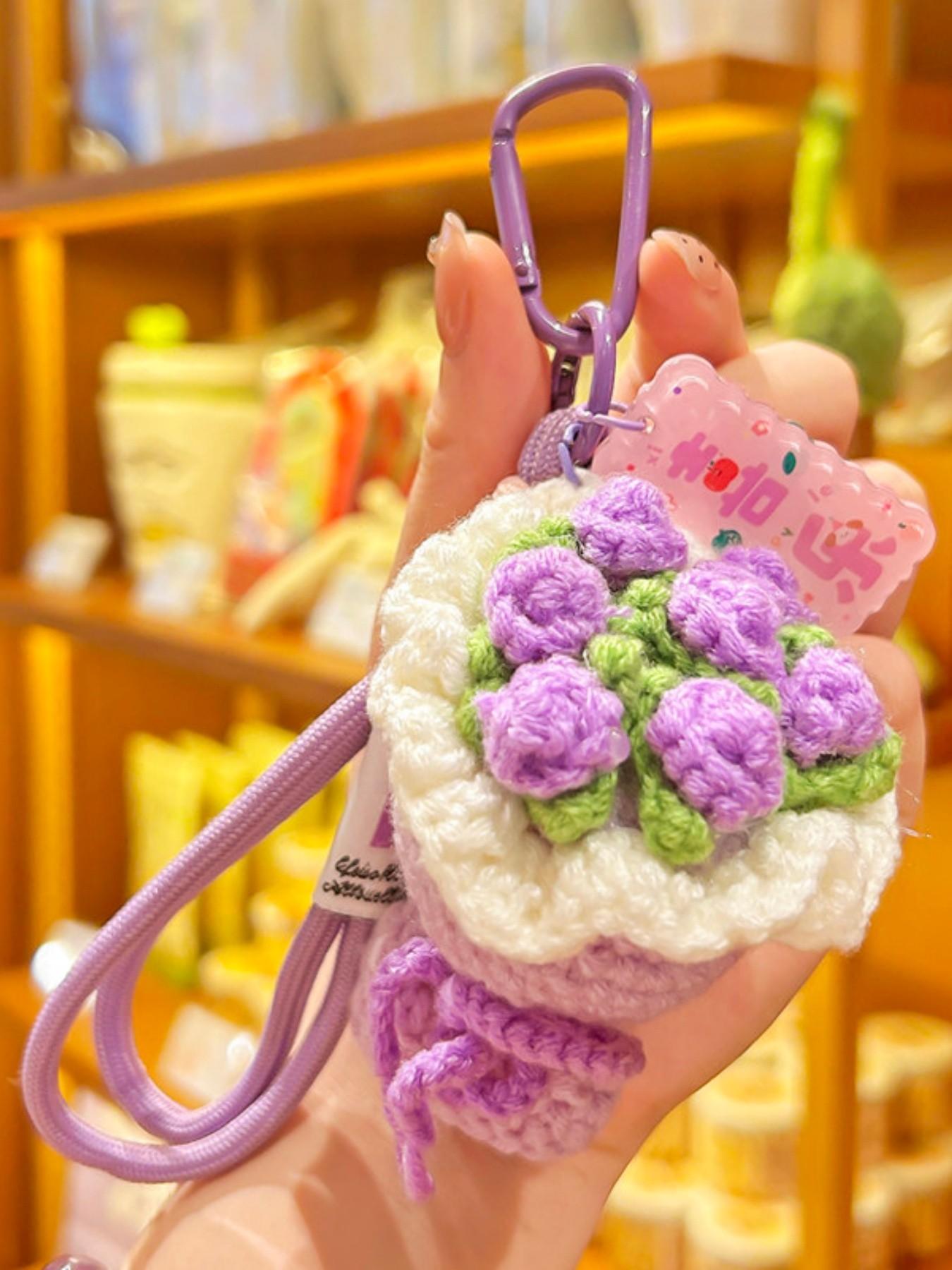 Handmade Crochet Mini Flower Bouquet Keychain Set Cute Knitted Rose Lavender Sunflower Pendant Key Ring Aesthetic Backpack Bag Charm Romantic Gift for Women Girls Her