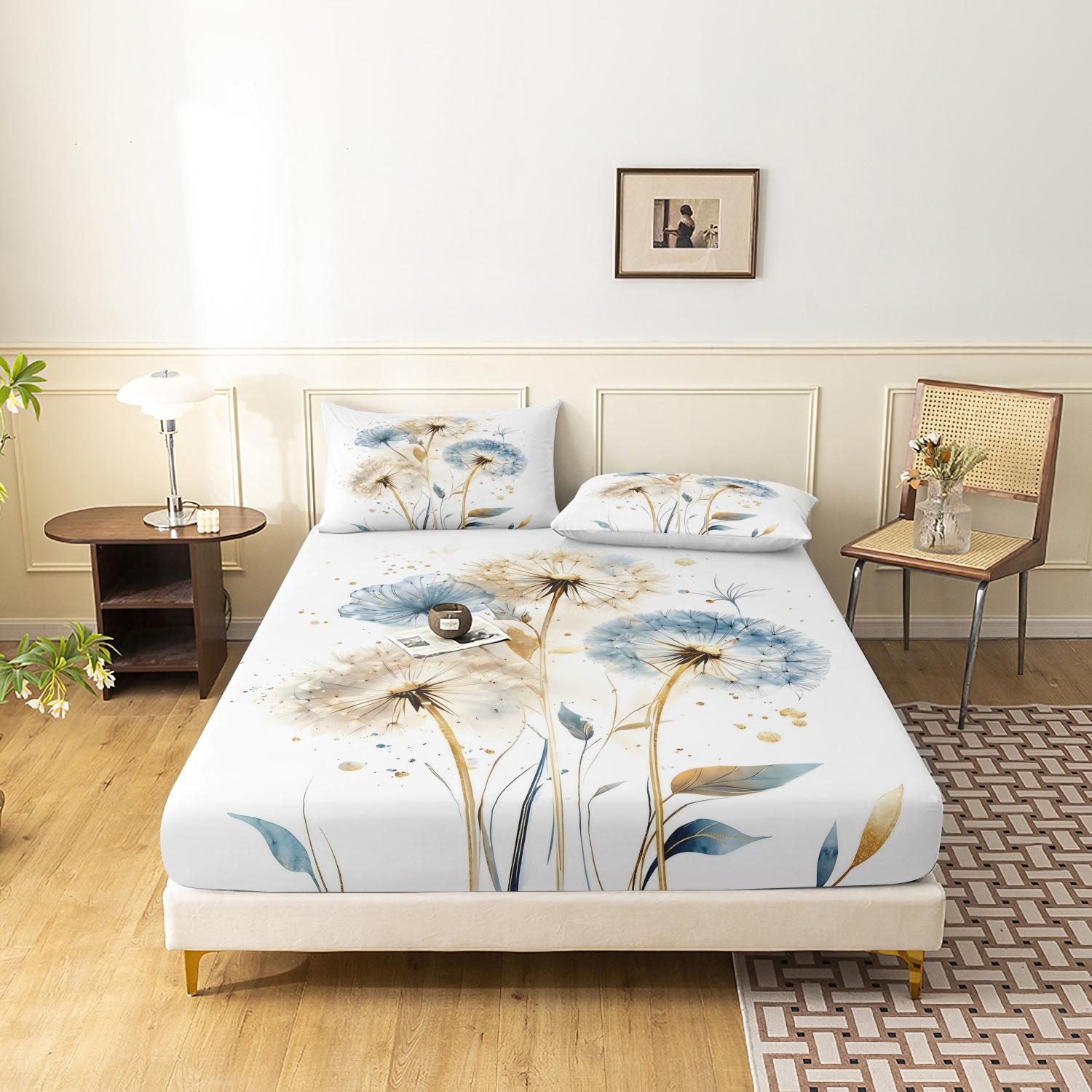 3pcs Set Natural Watercolor Dandelion Fitted Sheet, Botanical Floral Printing Themed Bed Sheets For Themed Hotel And Dorm Decoration (1 Fitted Sheet + 2 Pillowcases No Comforter No Pillow)