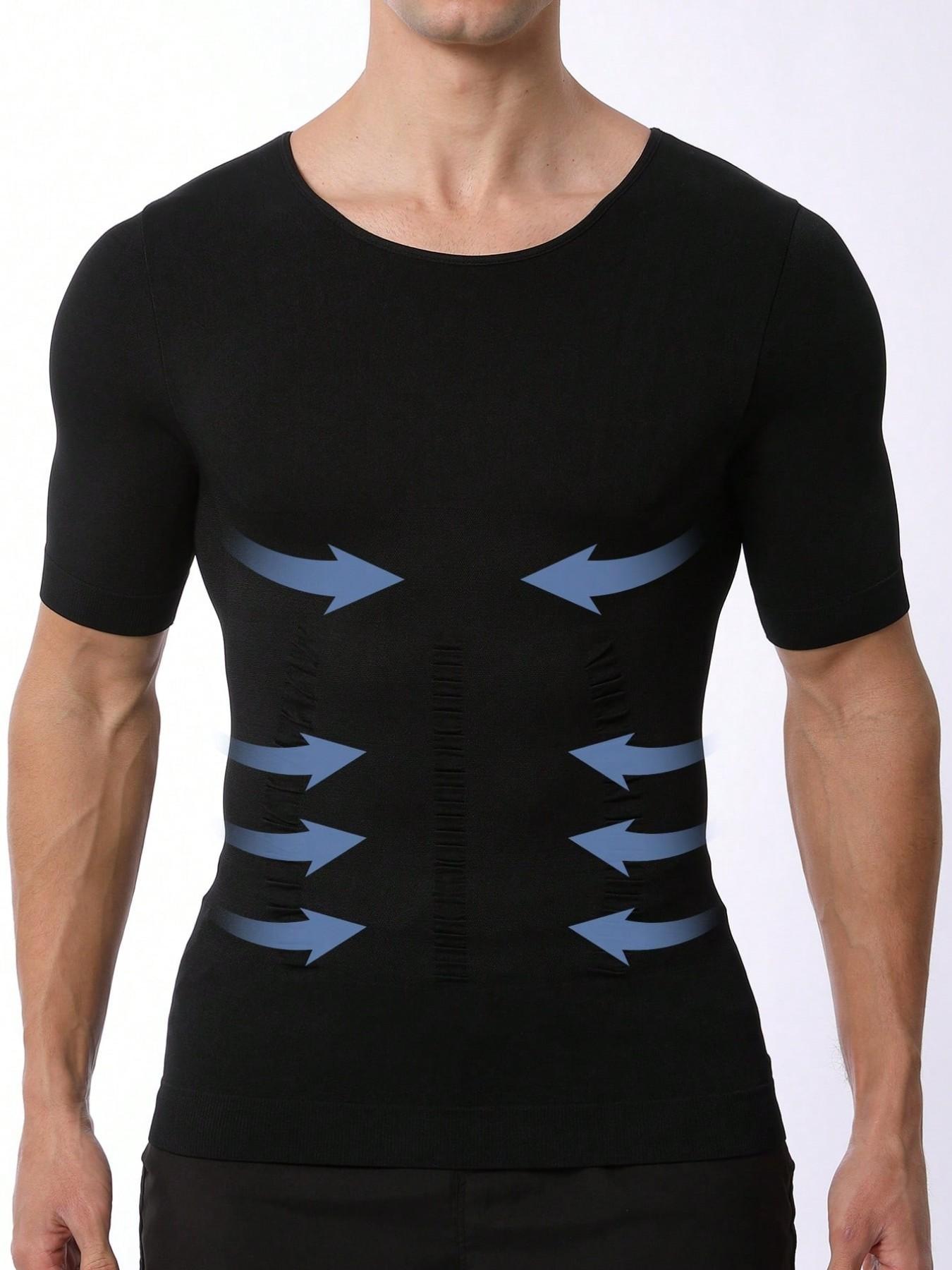 1 Count Men's Sports Tummy Control Firm Support Shapewear Tops, High Elasticy Fashion Style Body Shaper Tshirt, Breathable Comfortable Chest Abdomen Smoothing Base Shaping Top, Suitable for Daily Wear & Gym & Office Wear