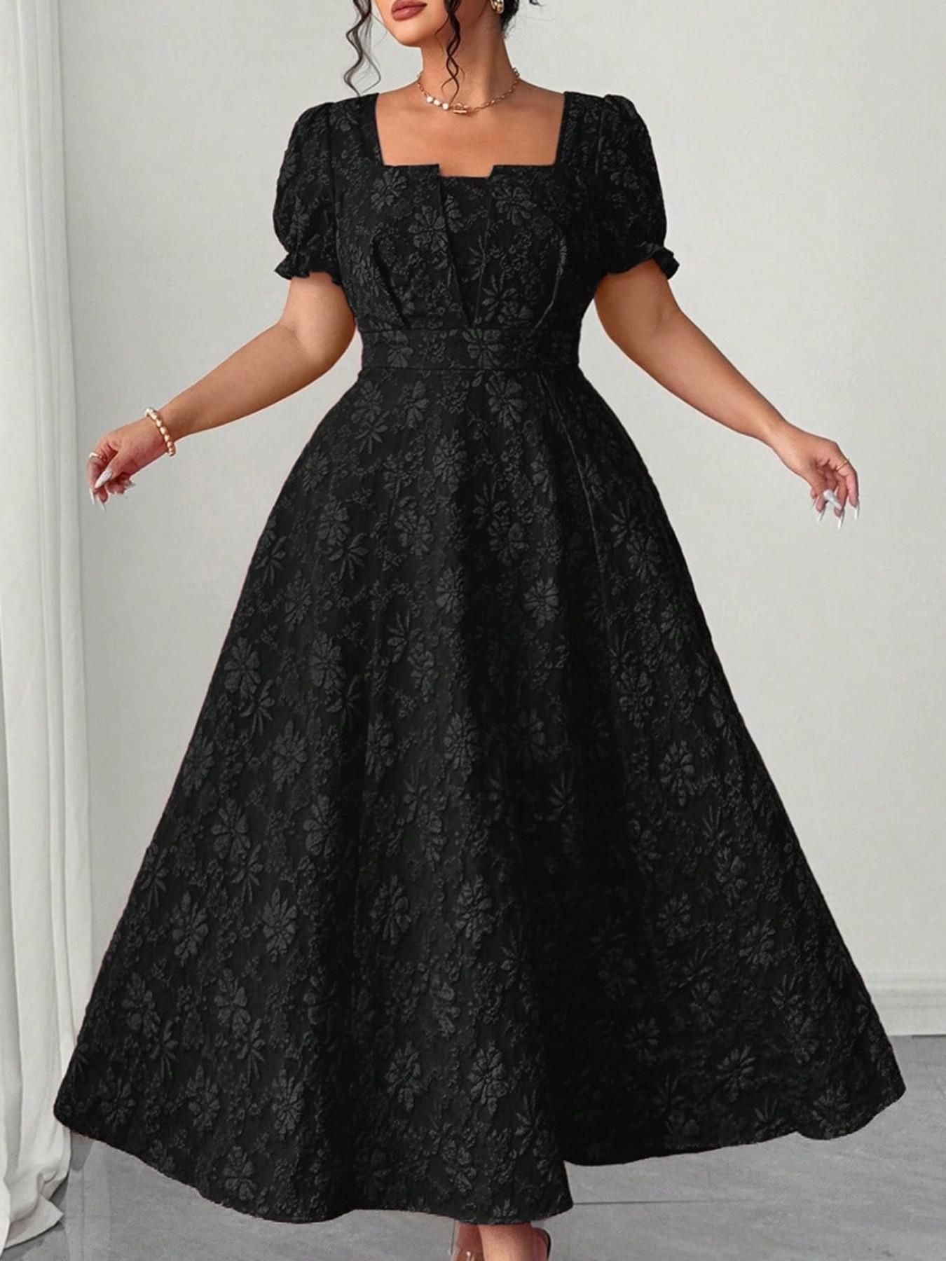 Plus Size Embroidered Square Neck Bubble Sleeve Belted A-Line Long Dress, Vintage Court Style, Elegant Women's Clothing