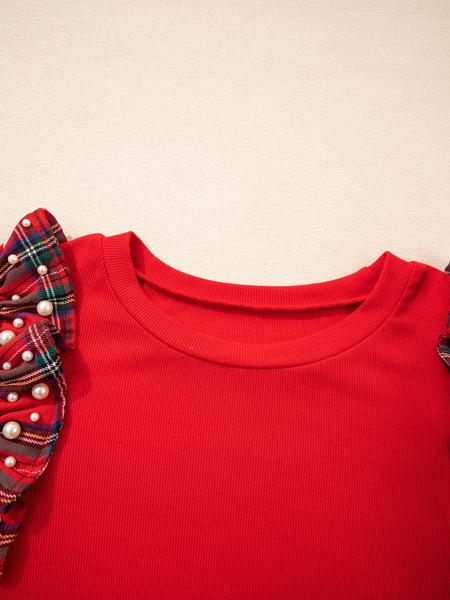 Plaid Pearl Ruffle Short Sleeve Loose T-Shirt, Casual Summer Top, Women's Fashion Tee, Comfortable and Stylish, Perfect for Daily Wear