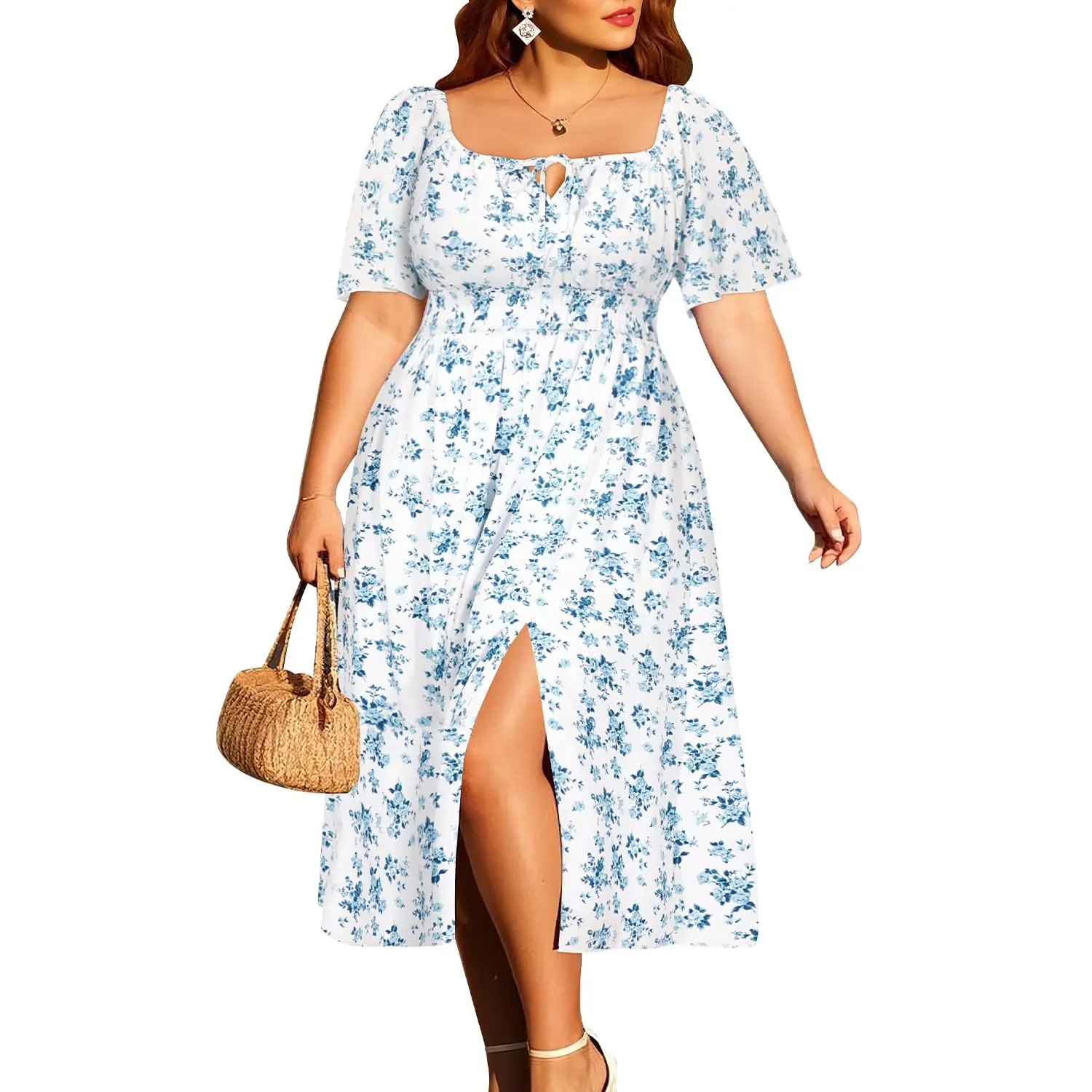 PINUP FASHION Women's Plus Size Polyester Garment - Maternity Short-Sleeve Boho Floral Milkmaid Sundress, Casual Outdoor Beach Wedding Midi Dress, Shortsleeve