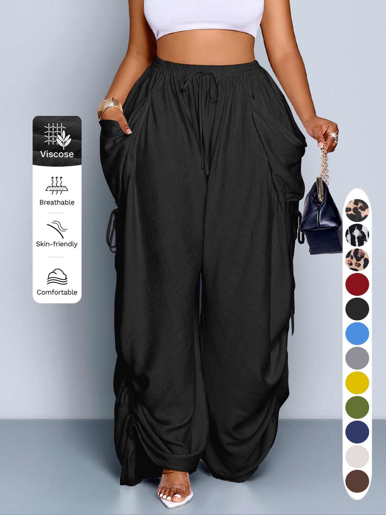 Women's Casual Loose-Fit Wide Leg Pants, All-Season Woven Fabric, Long Plain Design, Daily Commute & Vacation Wear, Womenswear