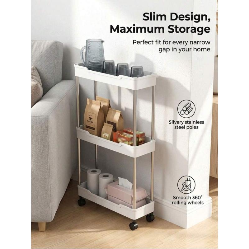 Maximize Tight Space Slim 3-Tier Rolling Storage Cart Smooth Silent Wheels Sturdy Metal Poles Multi Scene Narrow Gap Organizer Bathroom Organizer Rack For Laundry Bathroom Kitchen