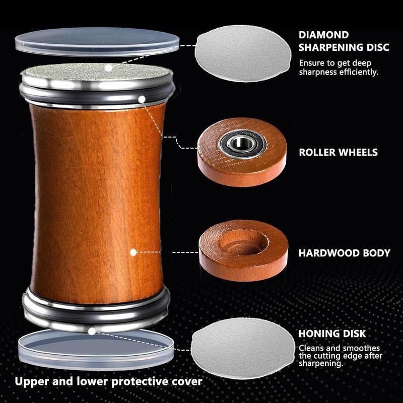 Knife Sharpener Roller, Rolling Knife Sharpener Kit,Roller Knife Sharpener,15 & 20 Upgraded Magnetic Wood Base,Rolling Sharpener for Knives with Diamond Discs Leather Strop Polishing Compound Durability