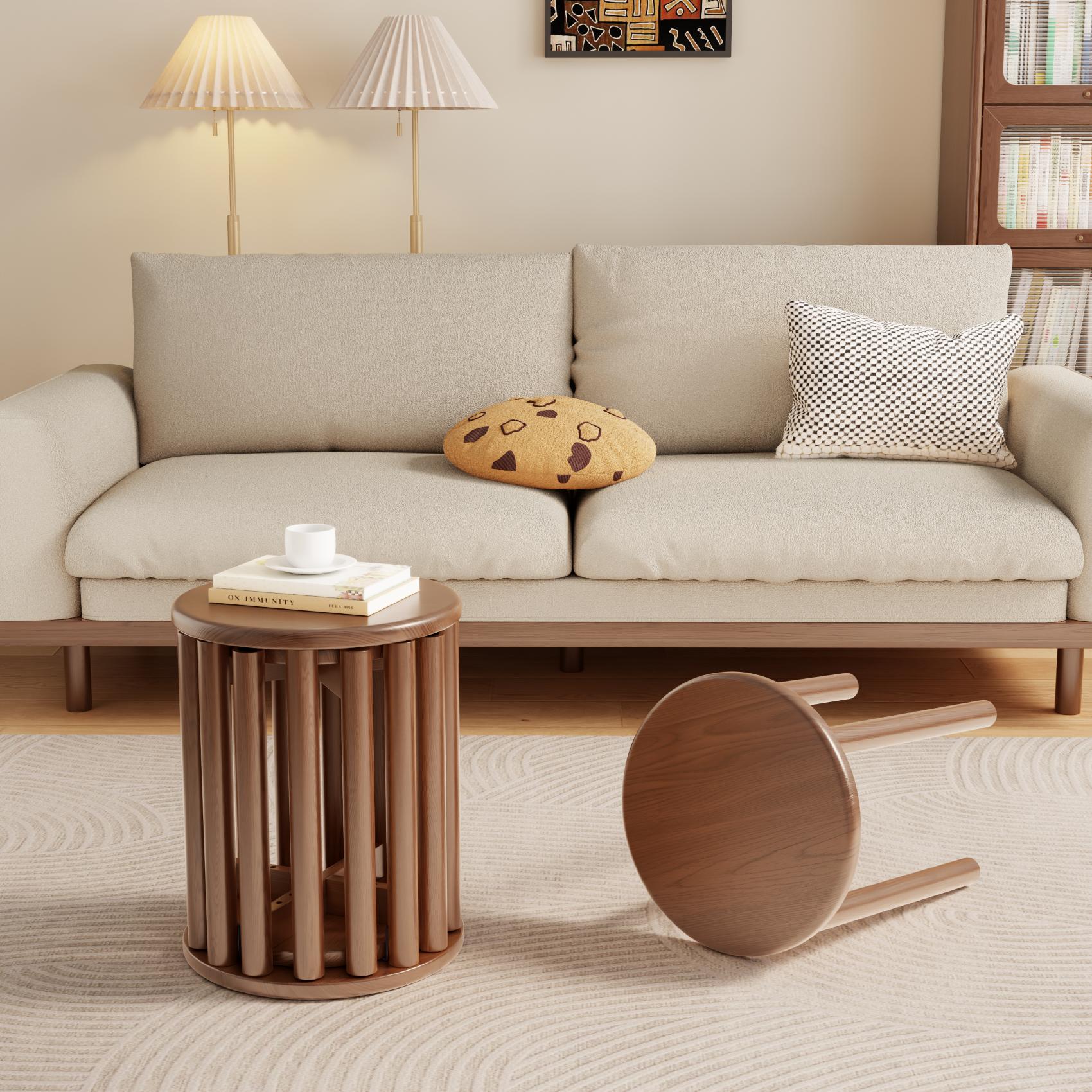 【Summer】TimberKnows Set of 4 Stackable Solid Wood Stools – 18" Round Nesting Tables, Fully Assembled, Durable & Space-Saving Design