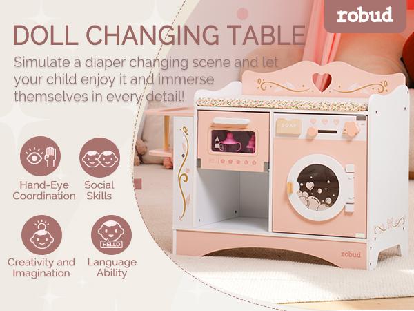 ROBUD Baby Doll Crib, Pink Baby Doll Beds, Wooden Doll Changing Station with Seat, Bottle Sterilizer, Washing Machine and Storage, Doll Accessories of Toy Crib to Kids