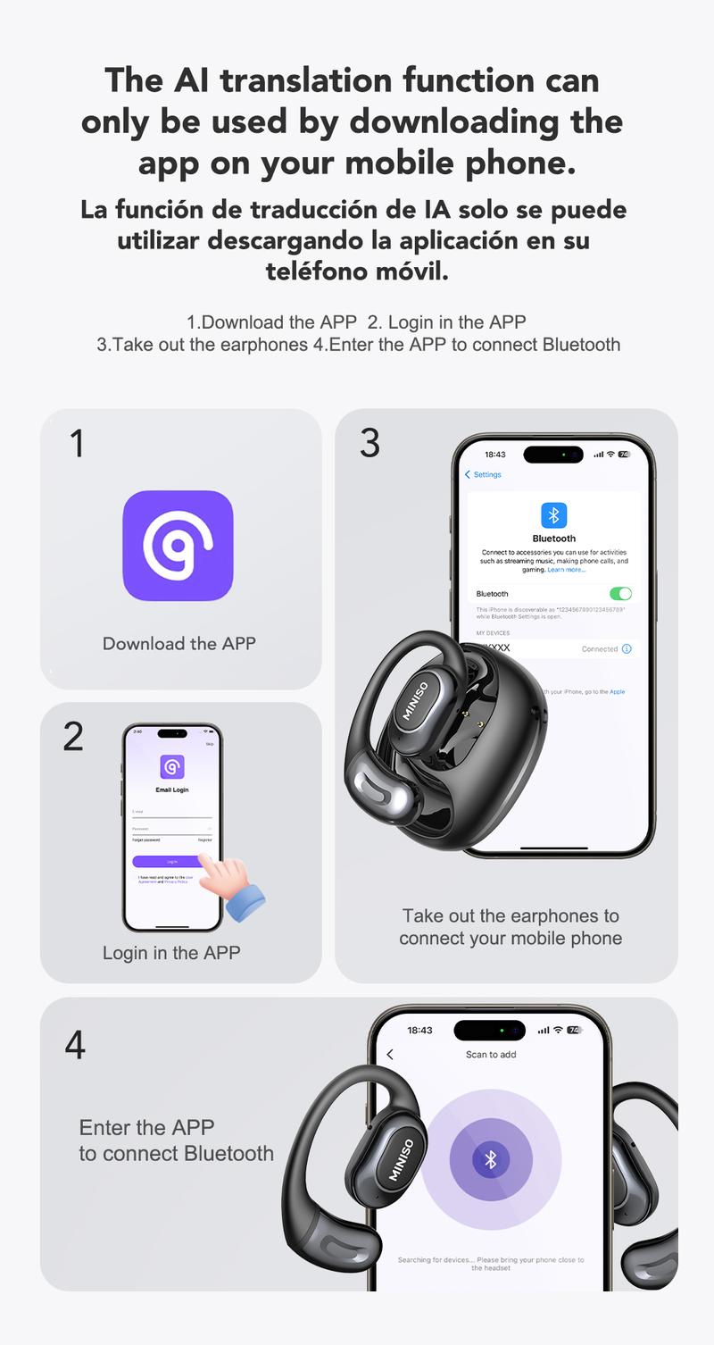 MINISO MS156 AI Headphones True Wireless OWS Earphones Bluetooth 5.4 134 Languages Translation Earbuds HiFi Sound Waterproof Open Ear Headsets with APP