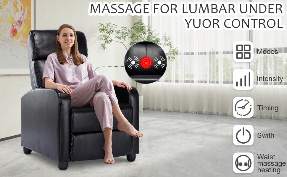 [SpringStatements] PU Leather Massage Recliner Chair Winback Recliner Chairs, Modern Padded Seat Reclining Chair Single Sofa for Living Room, Adjustable Home Theater Seating Office Black