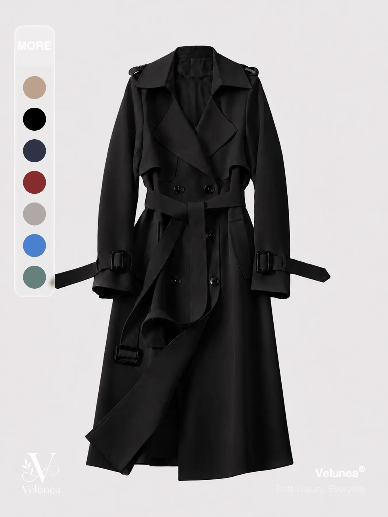 Velunea Women’s Petite Mid Length Trench Coat, Double Breasted Belted Jacket with Lapel Collar, Korean Casual Fall Fashion