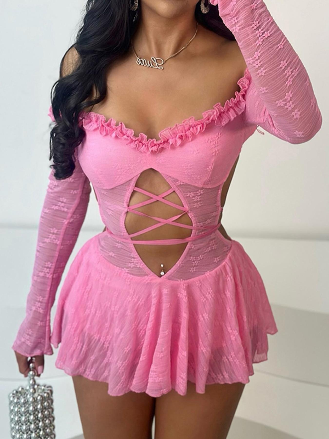 Women's Contrast Mesh Sheer Backless Off Shoulder Cut Out Bodysuit, Sexy Fashion Frill Trim Tie Back Long Sleeve Bodysuit for Nightclub Music Festival, Women's Clothes for Spring & Fall