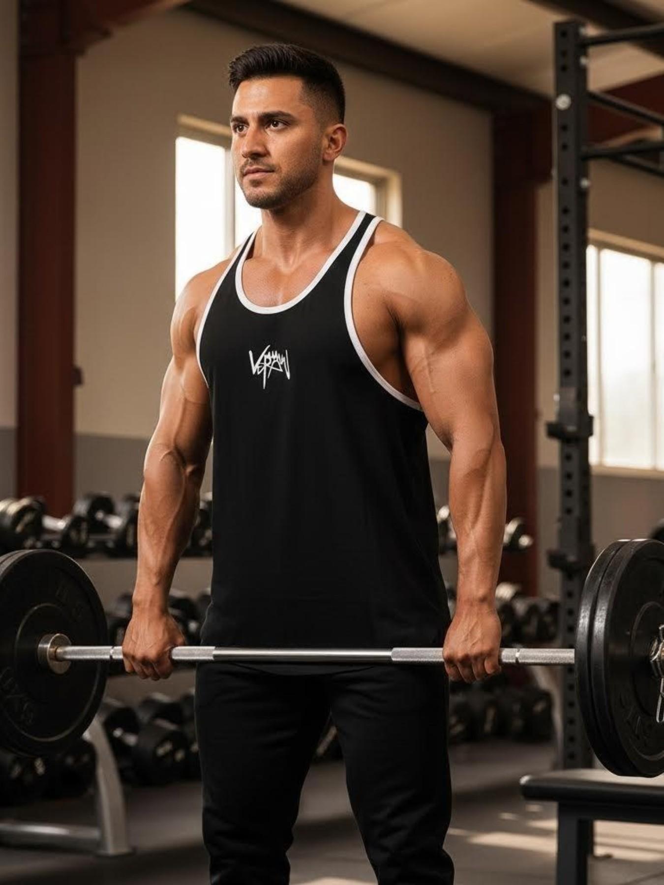 American Loose Fitness Tank Top for Men, Colorblock Letter Pattern, Sleeveless Long Training Vest, Quick-Dry Sportswear