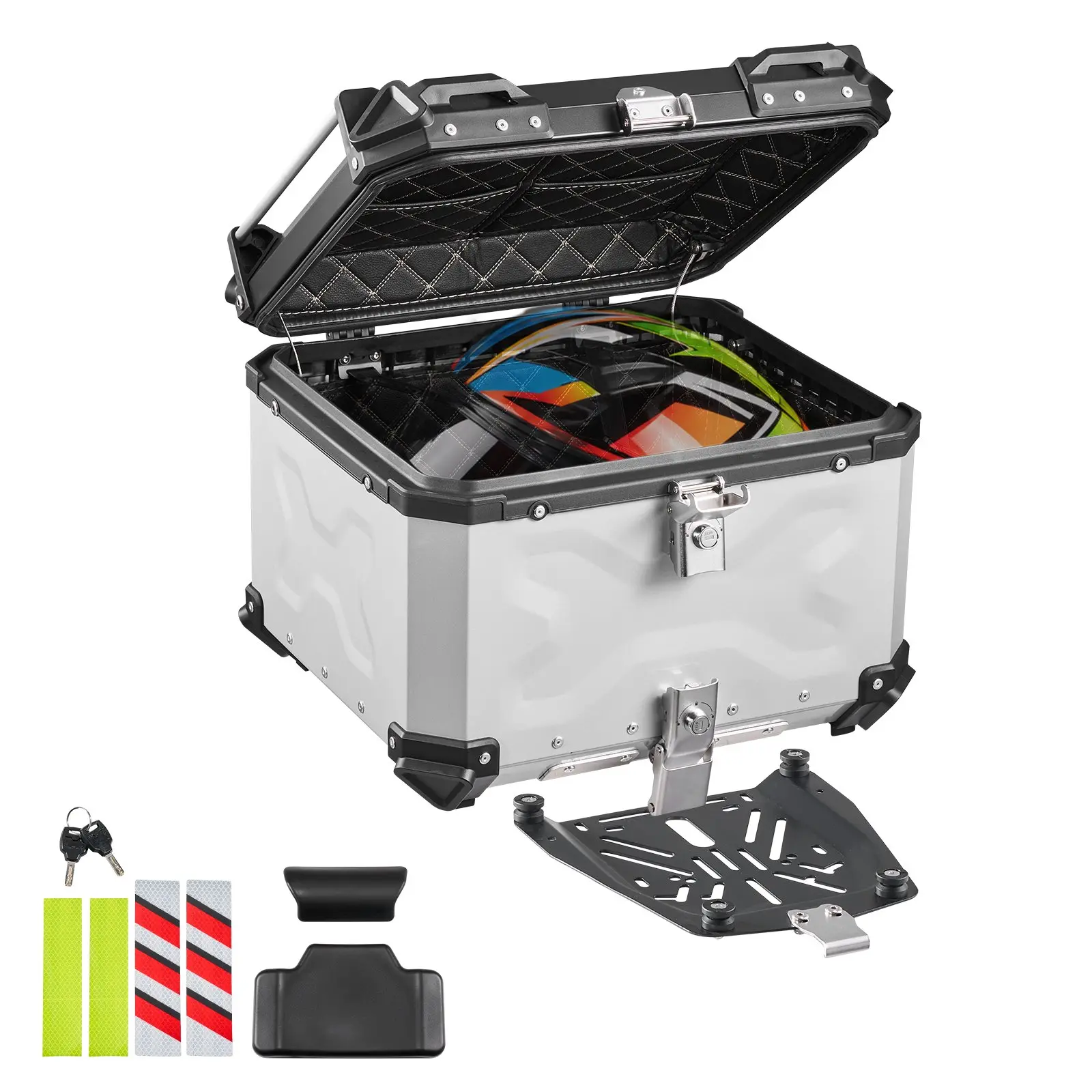 VEVOR 55L Universal Aluminum Alloy Motorcycle Top Case, Waterproof Detachable Riding Gear Luggage Storage Box with Security Lock, Leather Liner, Multi-Fit Hard Tail Case