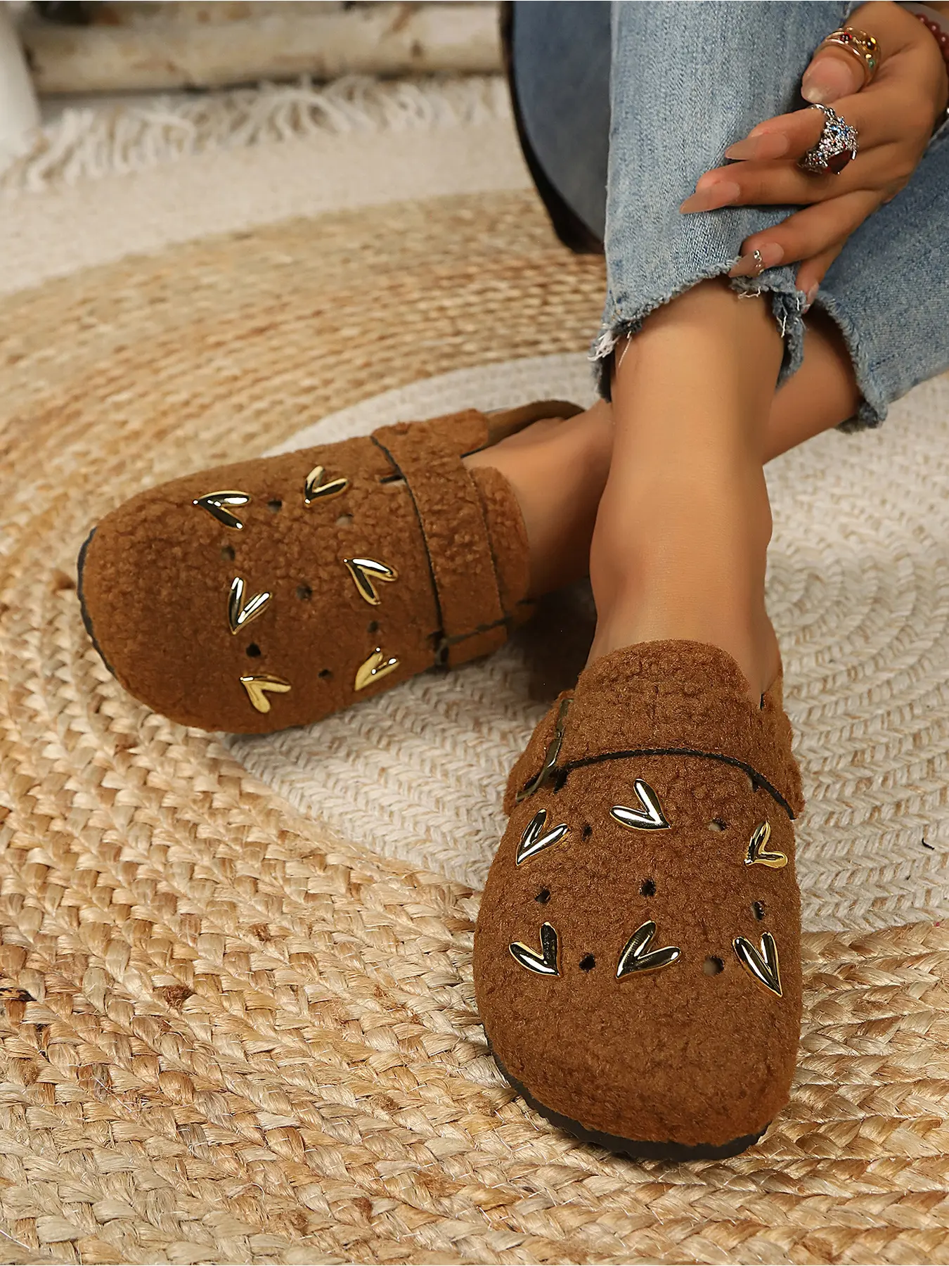 Women Teddy Fleece Clog Mules, Rhinestone Leopard Print Cartoon Cat Decor Backless Mules, Adjustable Buckle Fluffy Warm Slip On Casual Winter Shoes