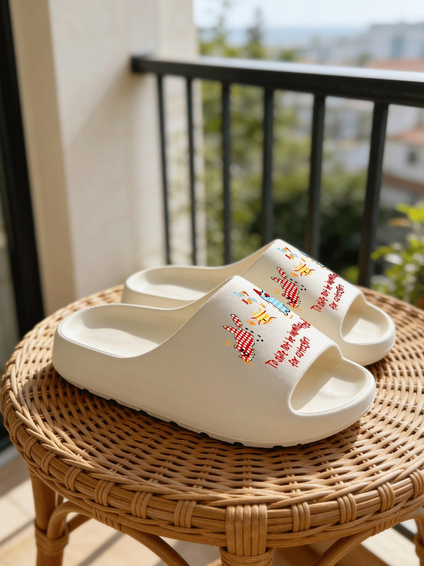 1 Pair Cartoon Rabbit Letter Printed Thick Sole Slippers, Cute Fun Style, Non-slip Soft Sole, Indoor & Outdoor Dual-use, Open Toe Slides, Casual Slippers