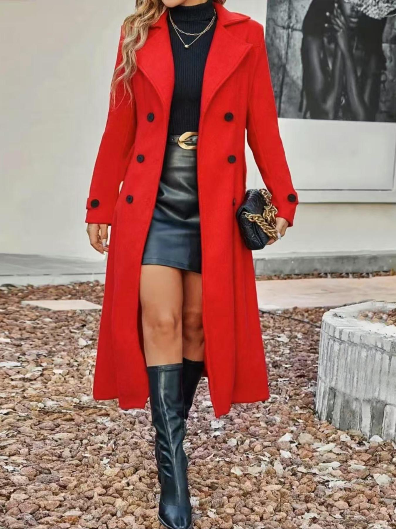 Women's Fitted Solid Color Lapel Long Sleeve Casual Chic Fashion Woolen Coat, Fall Winter Long Line Double Buttoned Overcoat, Ladies Outerwear