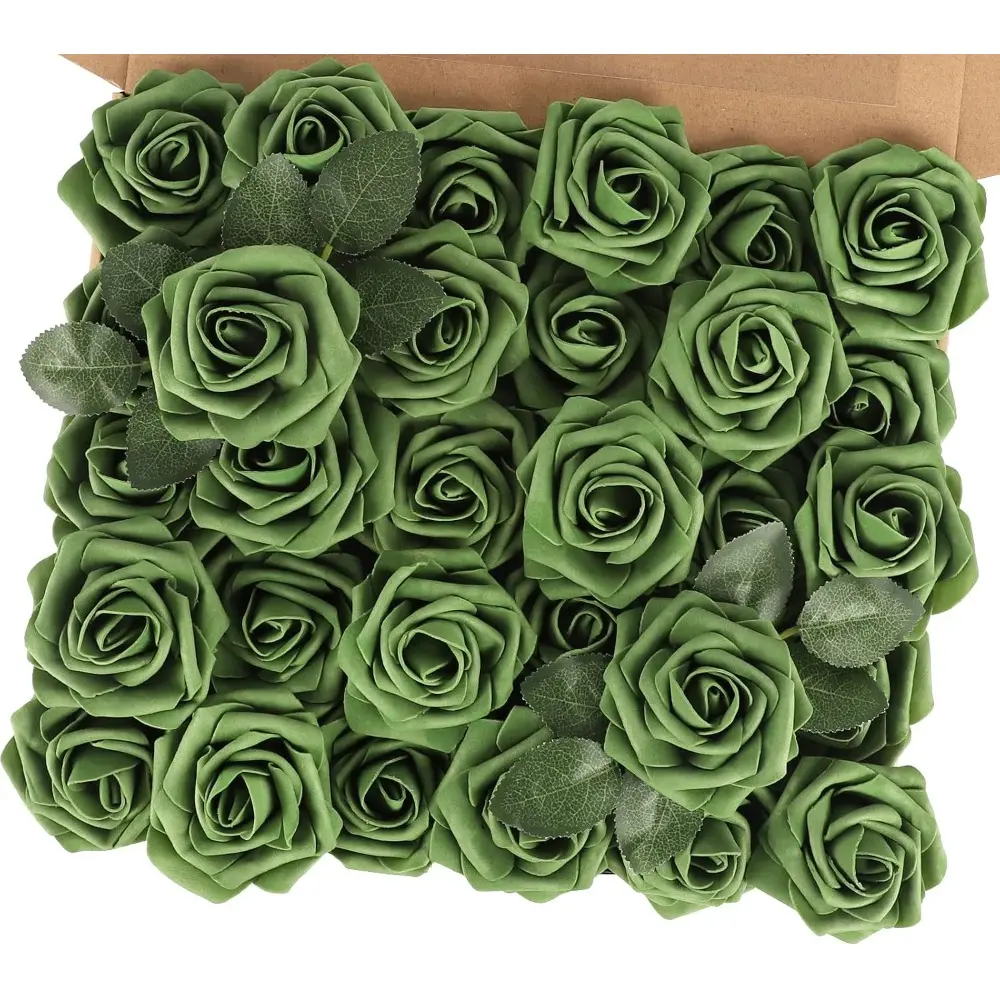 50pcs Green Artificial Flowers, Real Touch Fake Roses for Fall Decorations | 3" Rose Heads, 7" Bendable Stems, Soft Foam Flowers for DIY Wedding Bouquets Centerpieces Bridal Showers Party Table Decor