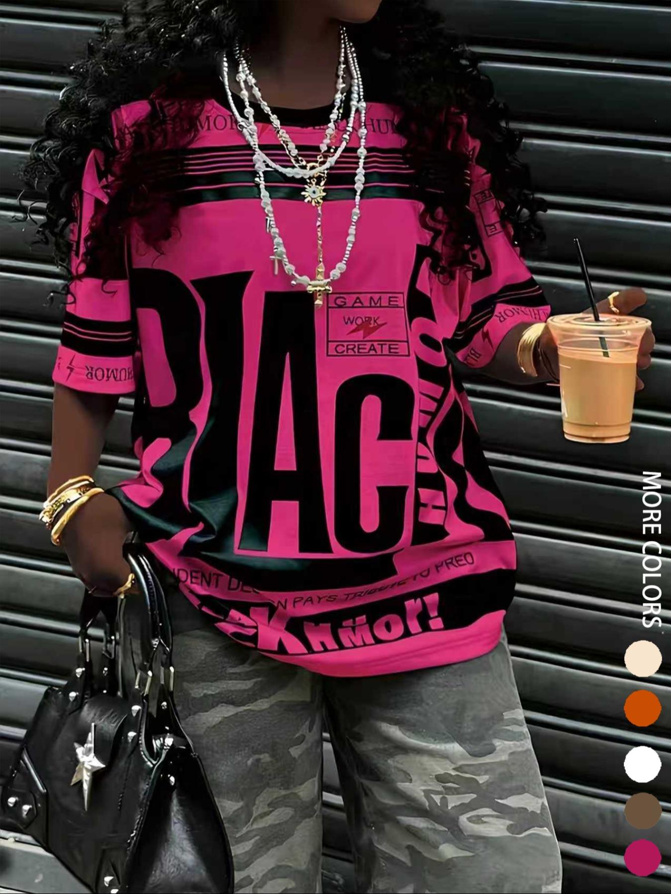 Women's Letter Print Round Neck Fitted Tee, Fashion Casual Crew Neck T-shirt for Daily Holiday Vacation Outdoor Wear, Ladies Clothes for Summer, Top