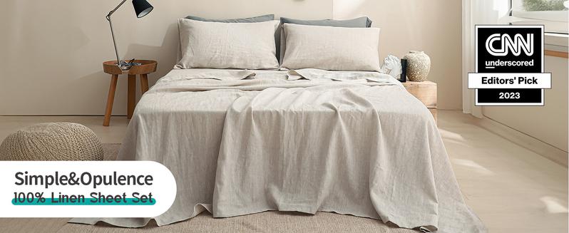 Simple&Opulence 100% Linen Sheets Set, Natural French Linen Bed Sheets, Breathable Soft Durable Bedding Set for All Season