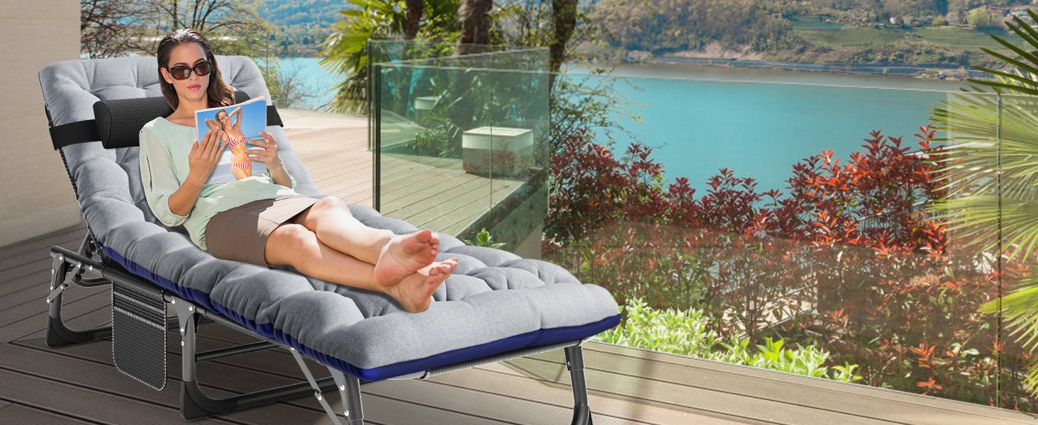 SLSY Portable Folding Camping Cot Bed with 2 Sided Mattress & Pillow, Adjustable 5-Position Folding Lounge Chair, Folding Cot Bed