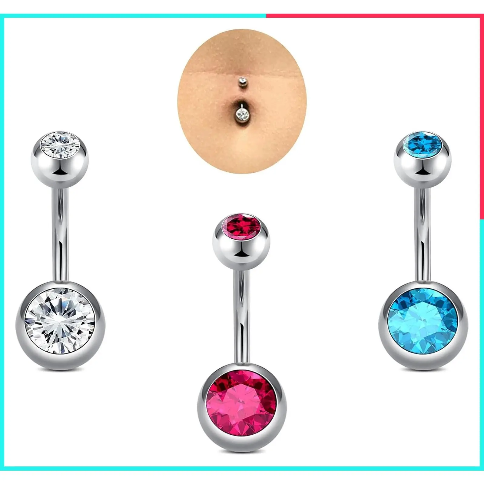 14G Belly Button Rings for Women, 316L Stainless Steel Navel Barbell with Cubic Zirconia, 7 Sizes 6mm 8mm 10mm 12mm 14mm 16mm 18mm, Petite Belly Piercing Jewelry
