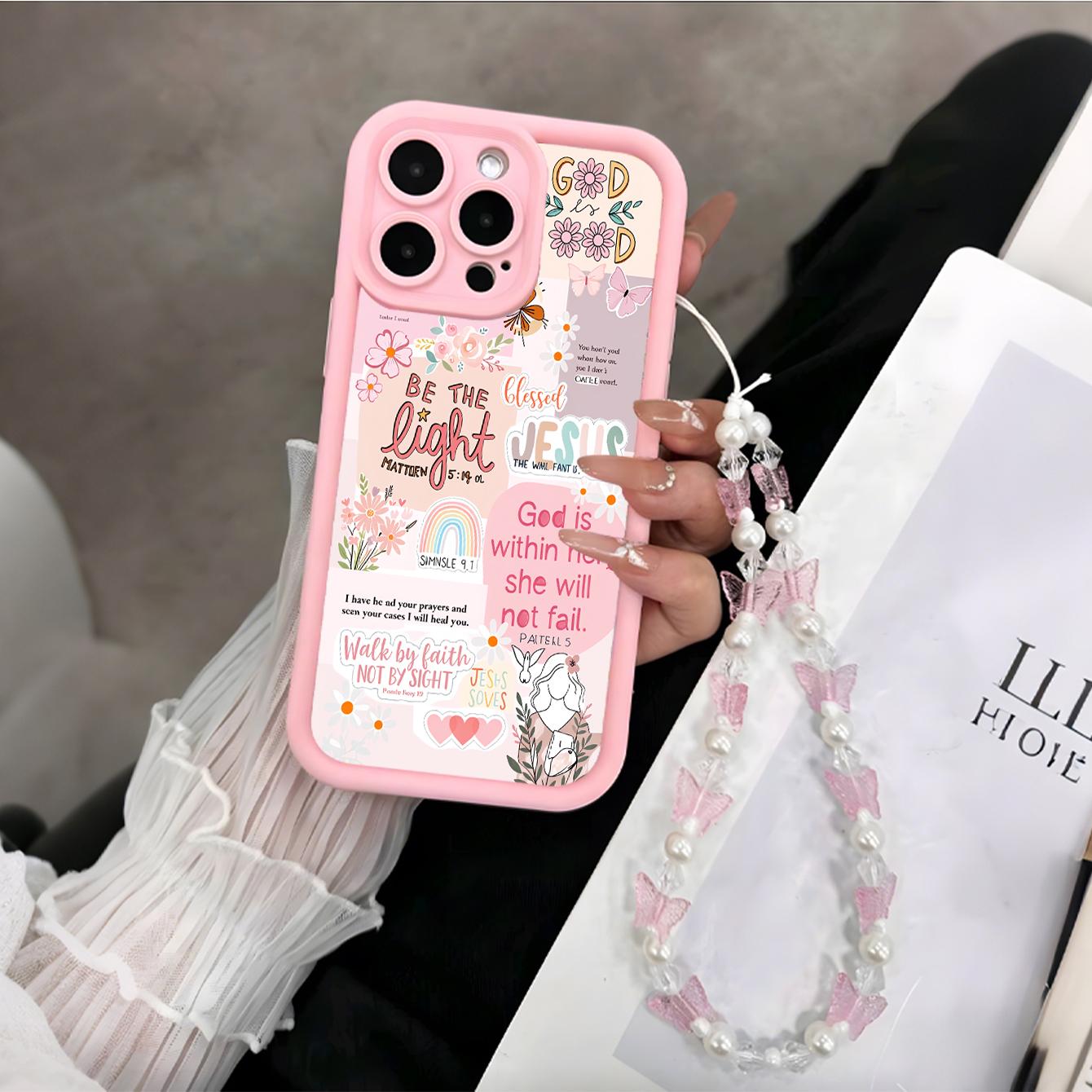 Bible Patch UV Print Phone Case with Butterfly Beaded Wrist Strap, Fits iPhone 17-11 Pro Pro Max Plus, Trendy Gift