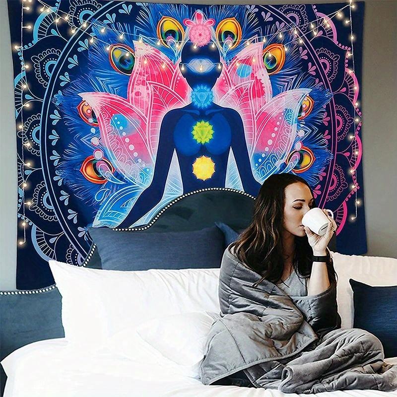 Neon,Nature,Bohemian,Sun,1 Piece 7 Chakra Symbol  -Indian Figure Mandala Art Backdrop,Witchy Boho Hippie Home Decoration,Colorful Artistic Banner for Yoga Studio  Hanging Wall Decor  decor leopard room decor stuff for your room cheap bedroom tapestry deco